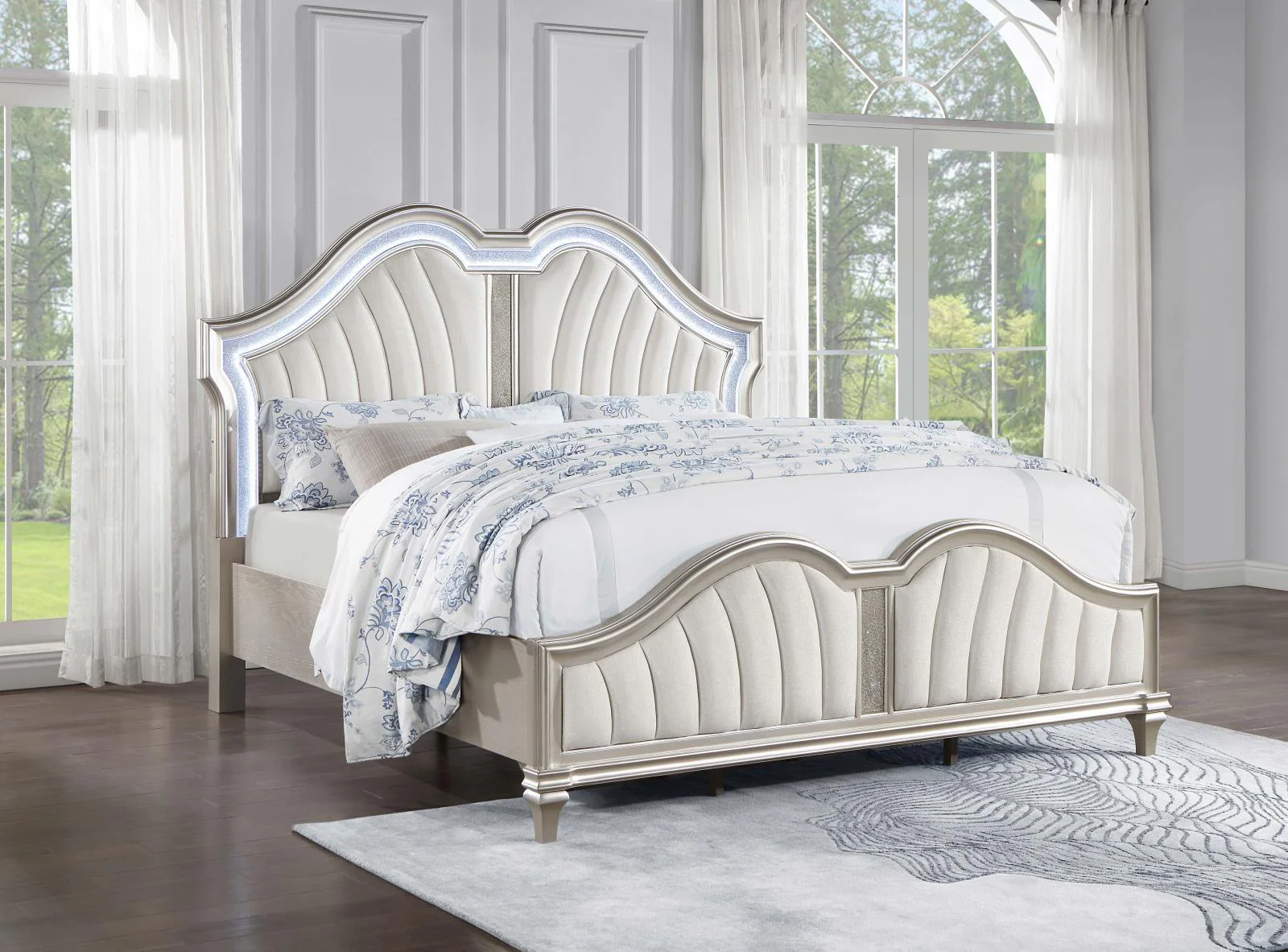 Evangeline Tufted Upholstered Platform King Bed Ivory Silver Oak - Image 1