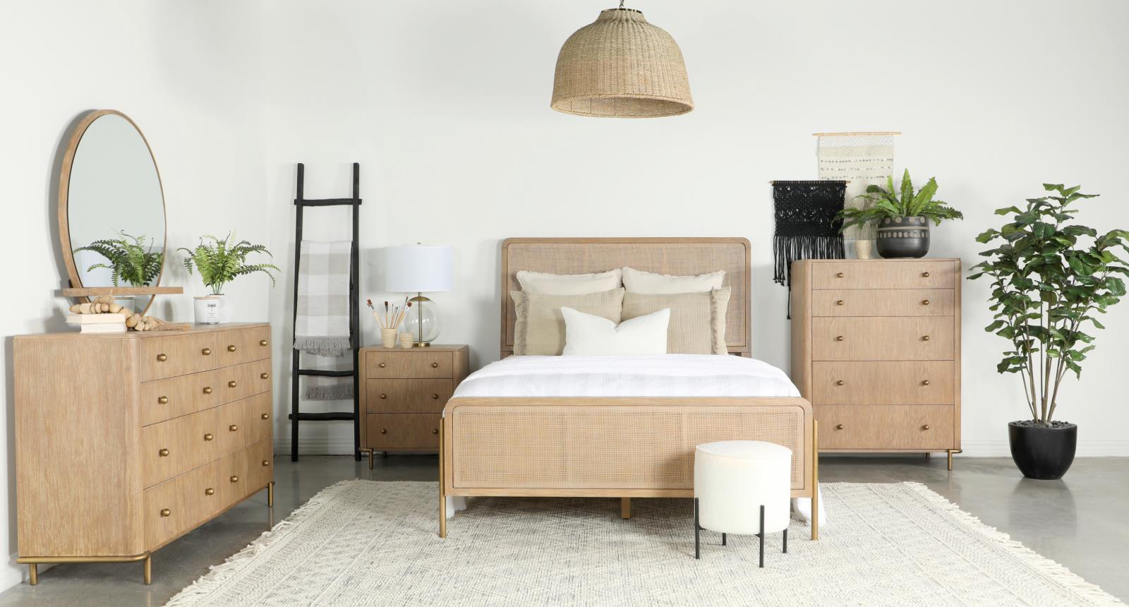 Arini Upholstered Queen Panel Bed Sand Wash Natural Cane