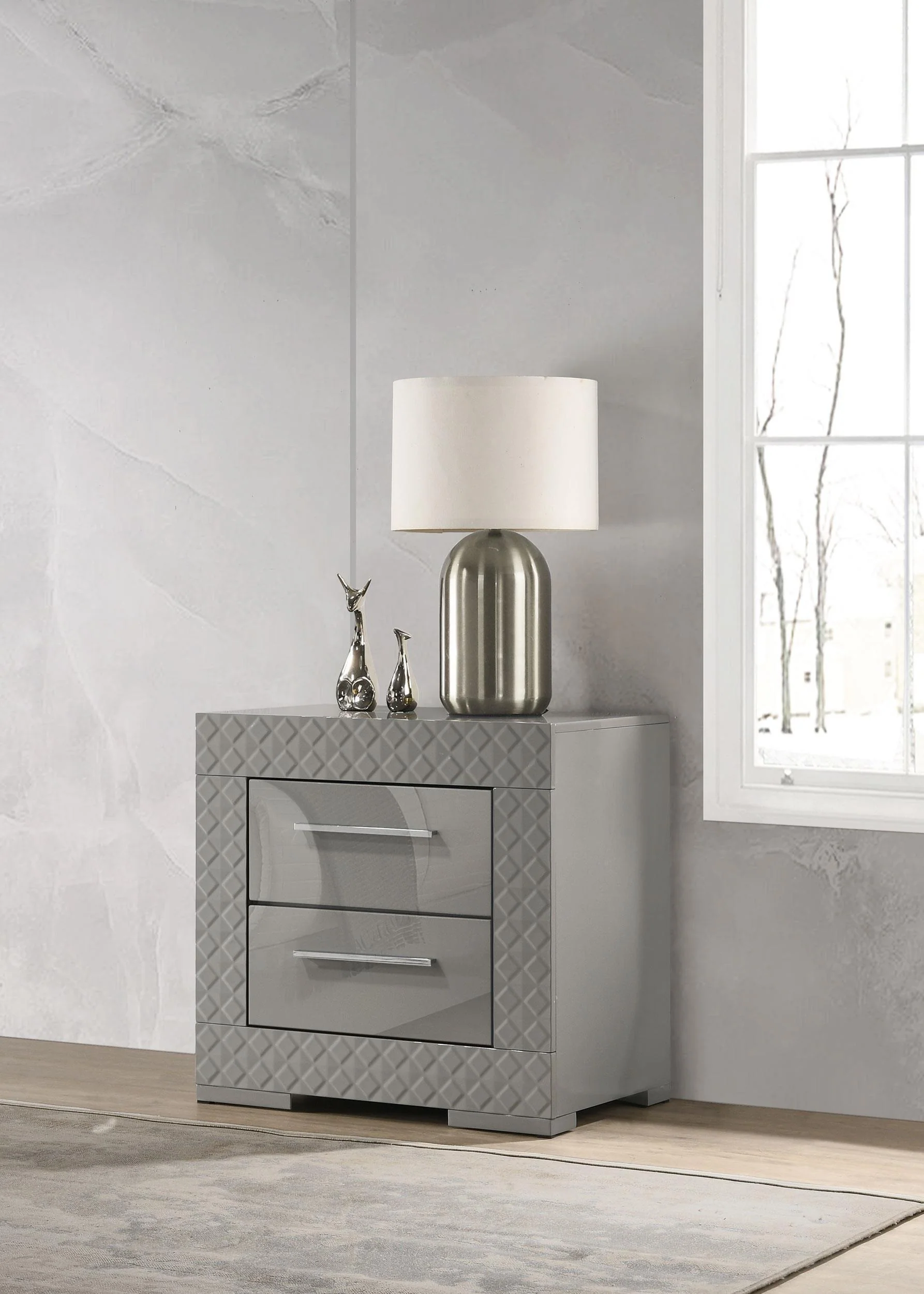 Ives 2 Drawer Nightstand Bedide Table Gray High Gloss - Image 2