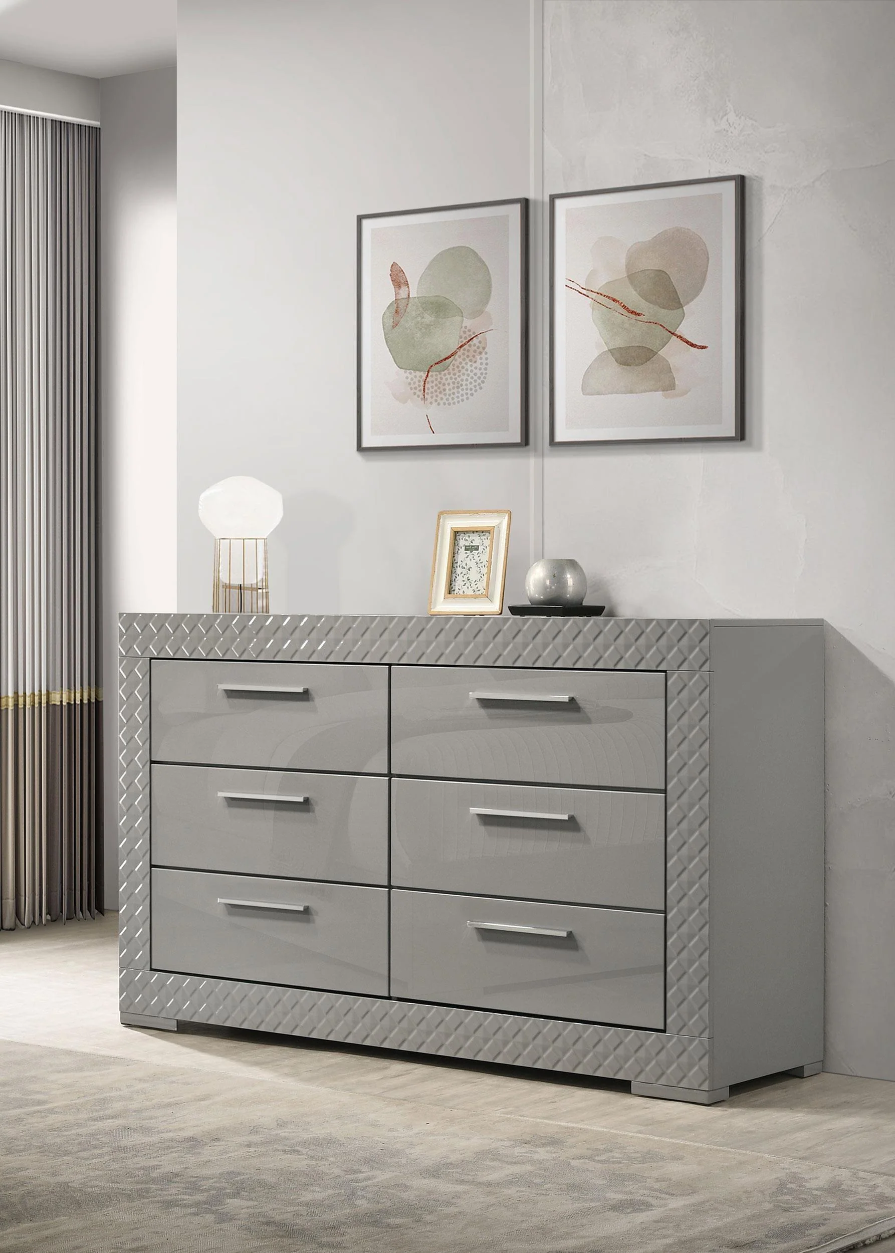 Ives 6 Drawer Dresser Cabinet Gray High Gloss - Image 2