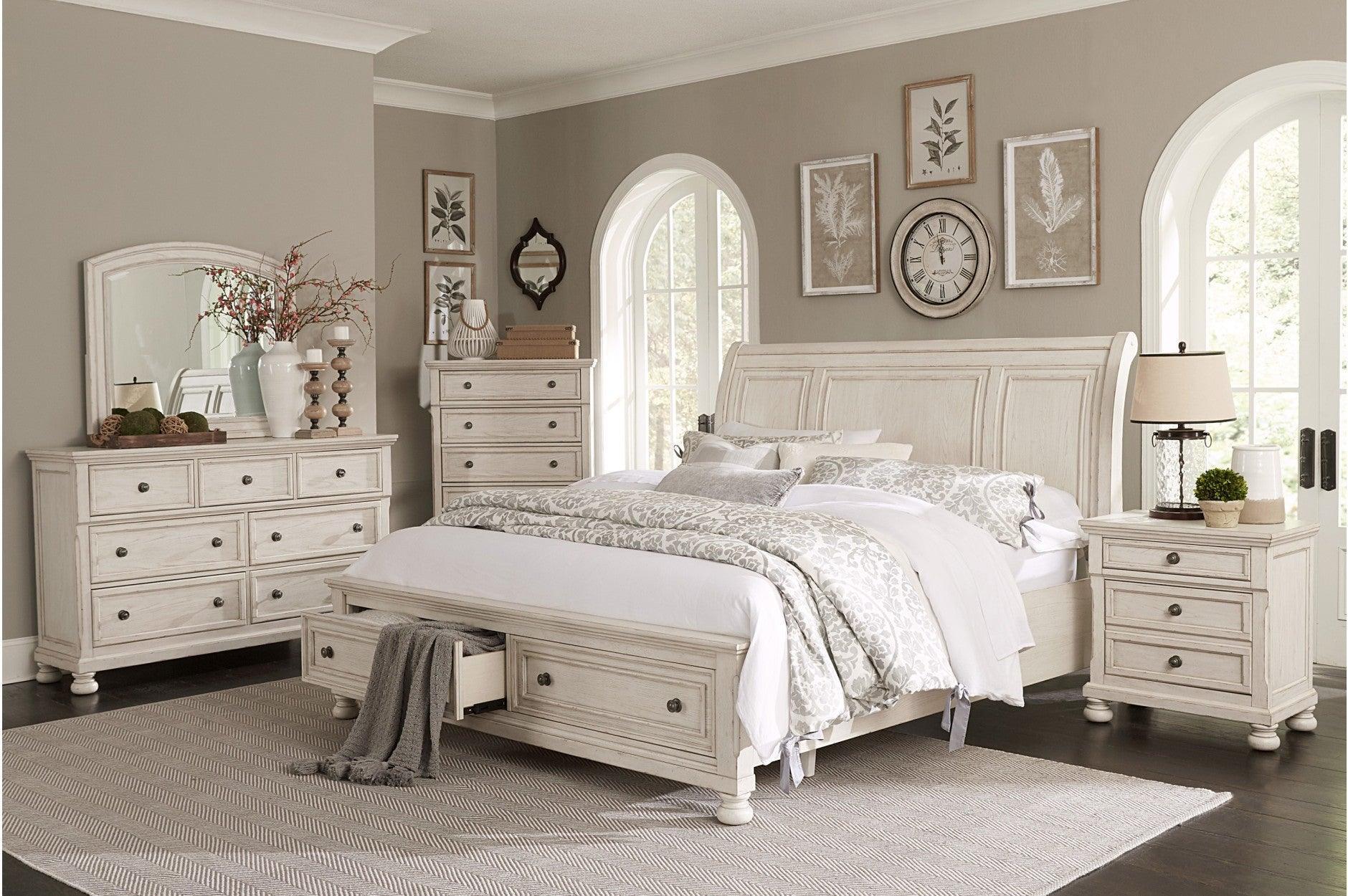 Bethel Antique White Sleigh Storage Bedroom Set - Image 1