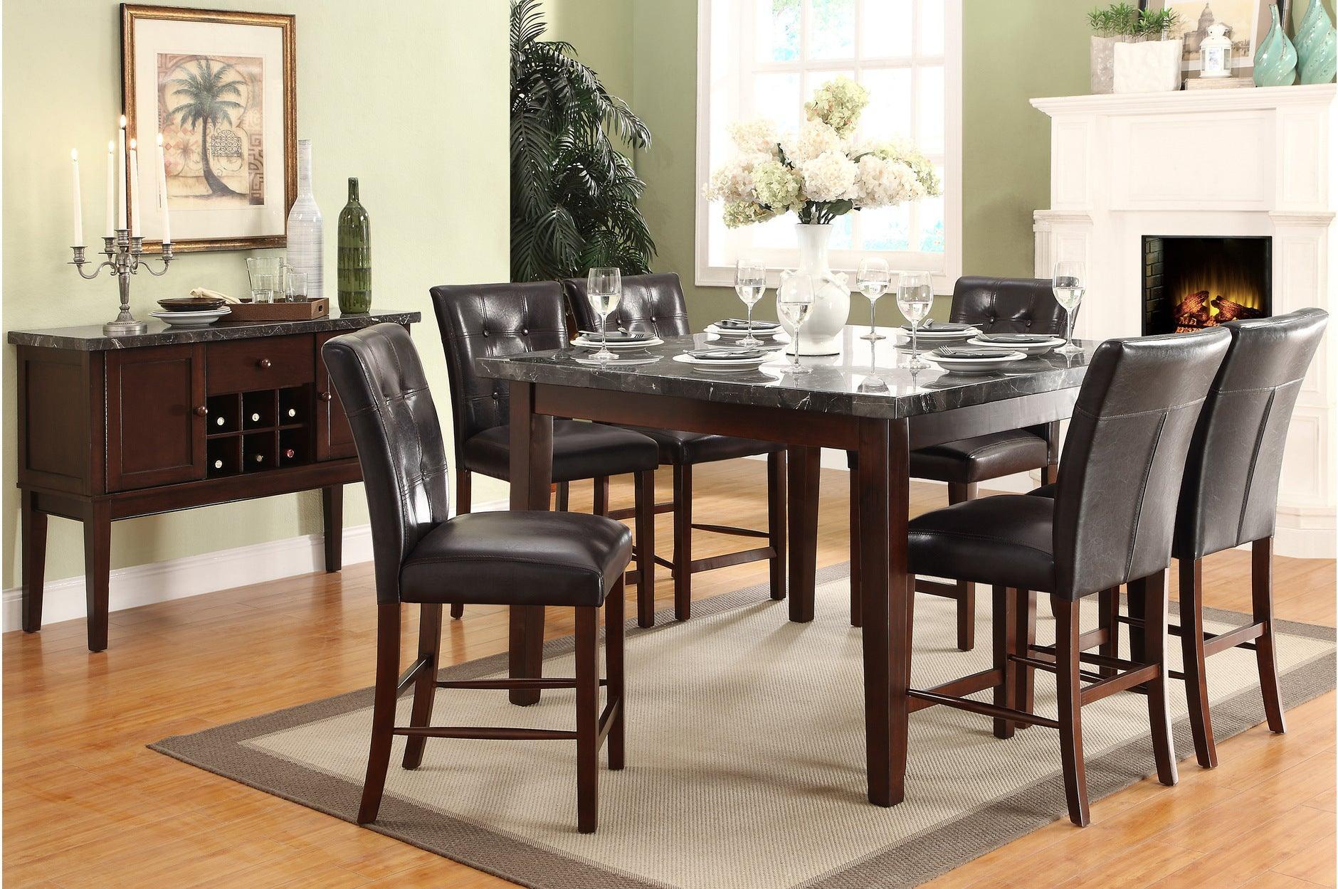 Decatur Dark Brown Faux Leather Tufted Faux Marble Rectangular Dining Room Set - Image 1