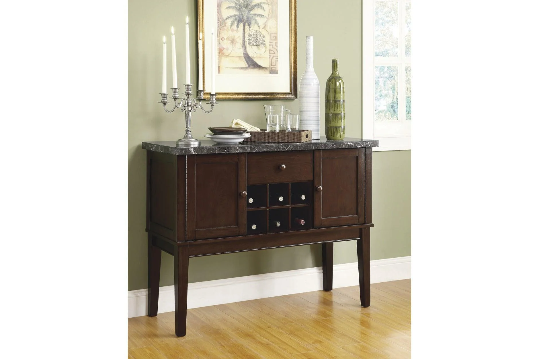 Decatur Dark Brown Faux Leather Tufted Faux Marble Rectangular Dining Room Set - Image 2