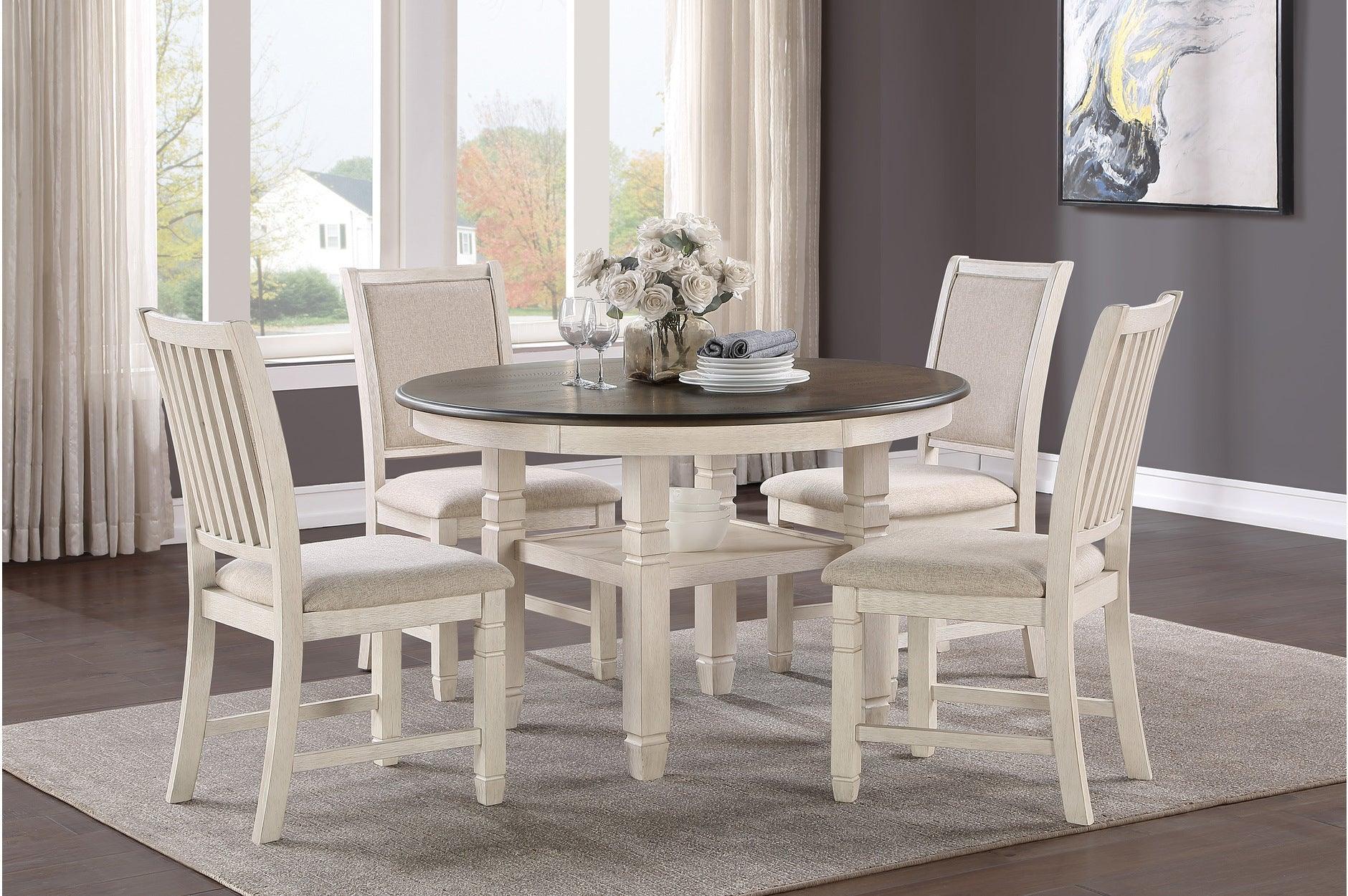 Asher Antique White Light Brown Fabric Round Dining Room Set - Image 1