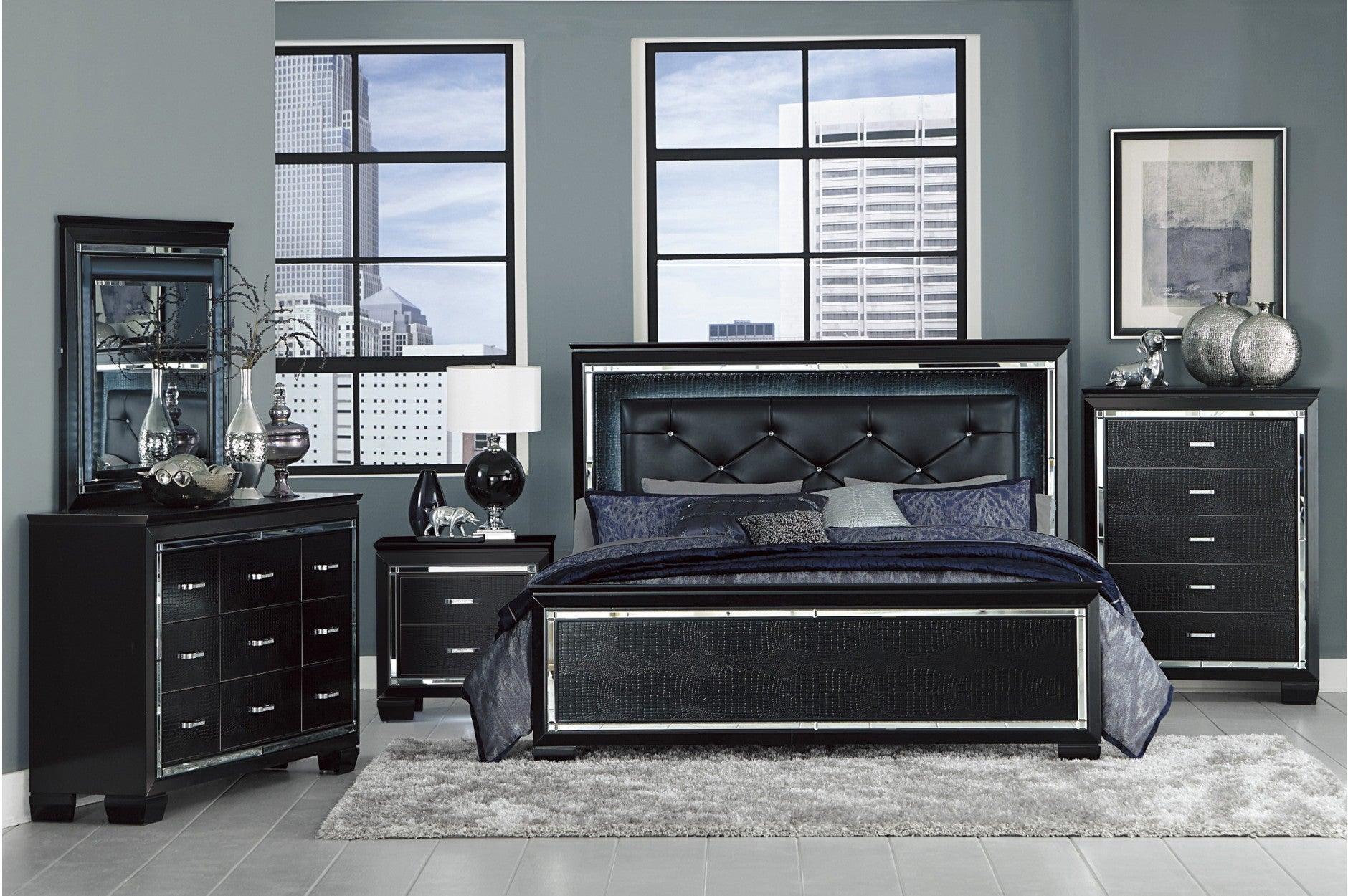 Allura Black Faux Leather Tufted LED Panel Bedroom Set