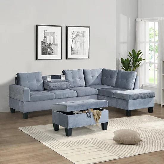 Allen Parkway Gray Velvet Tufted 3-Piece Sectional With Storage Ottoman