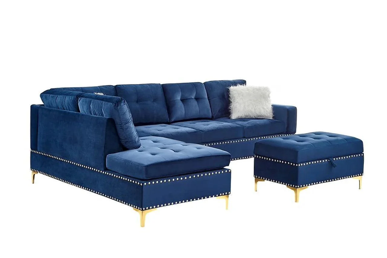 Joy Blue Velvet Upholstered Tufted Sectional - Image 3