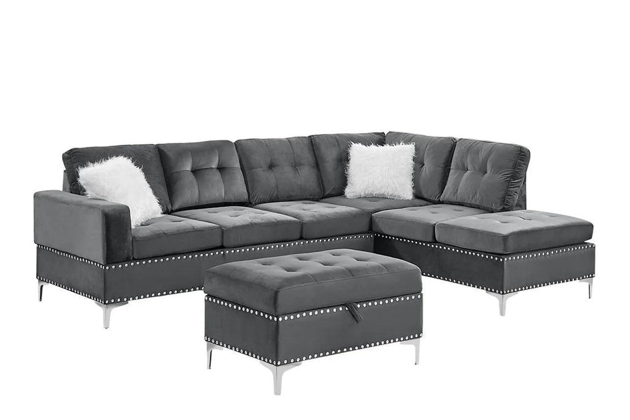 Joy Gray Velvet Upholstered Tufted Sectional - Image 2