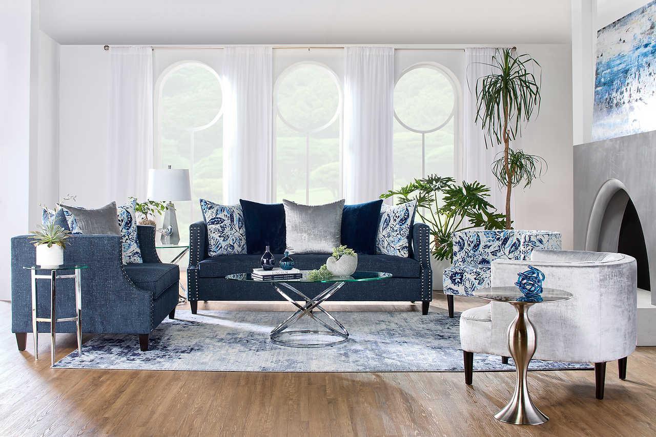 Simone Indigo Blue Fabric Upholstered Sofa - Image 2