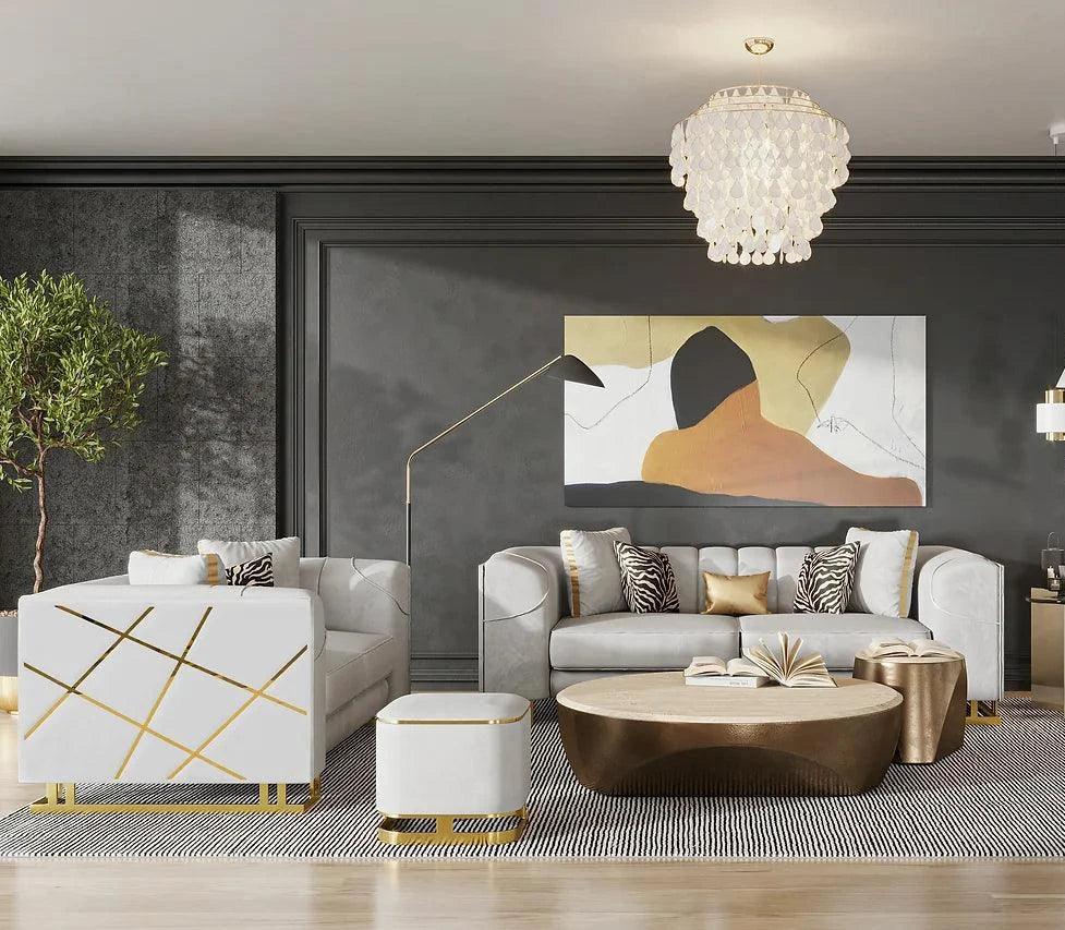 Designer Off White Gold Velvet 2-Piece Living Room Set - Image 1