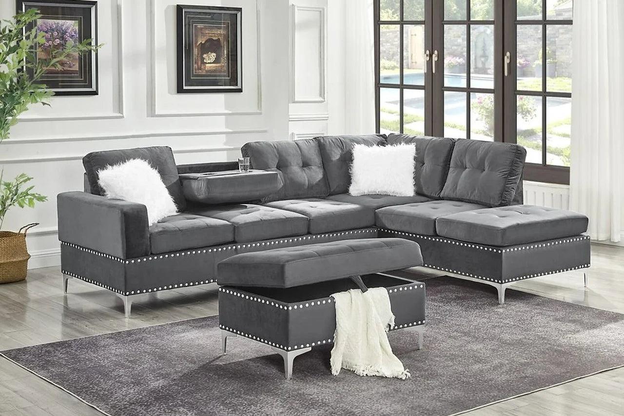 Joy Gray Velvet Upholstered Tufted Sectional - Image 1