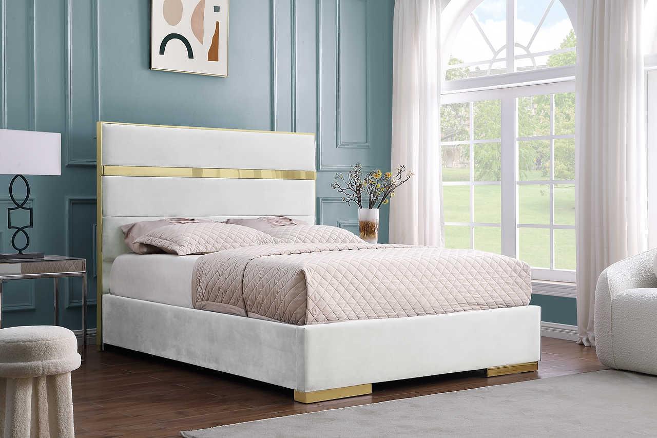 Cartier Ivory Gold Velvet Upholstered Platform King Bed - Image 1
