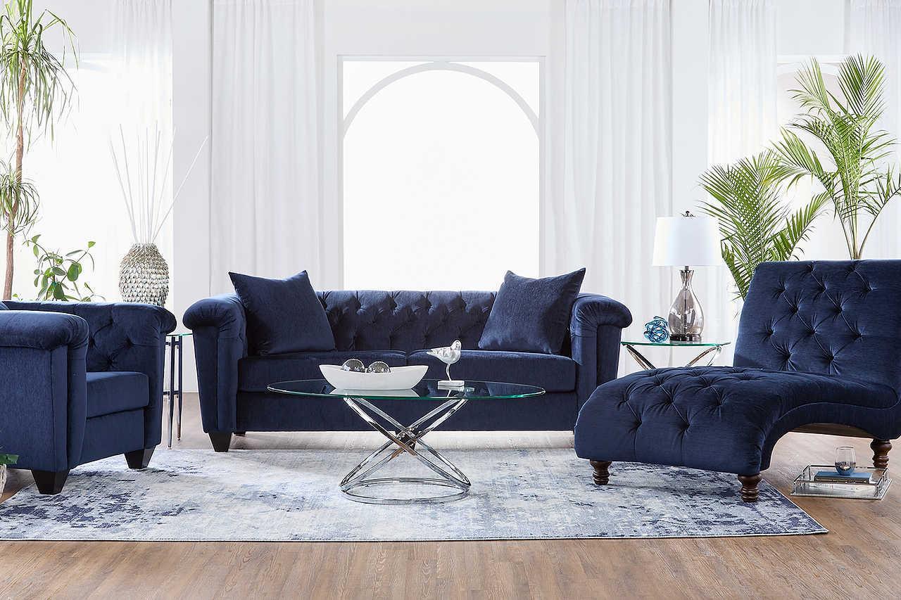 Lush Navy Velvet Fabric Upholstered Tufted Sofa - Image 2