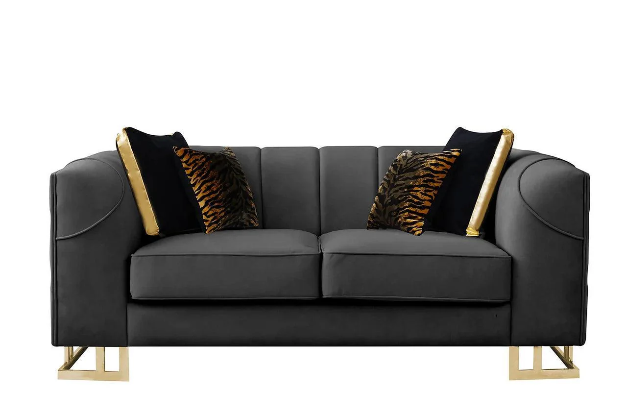 Designer Black Gold Velvet 2-Piece Living Room Set - Image 3