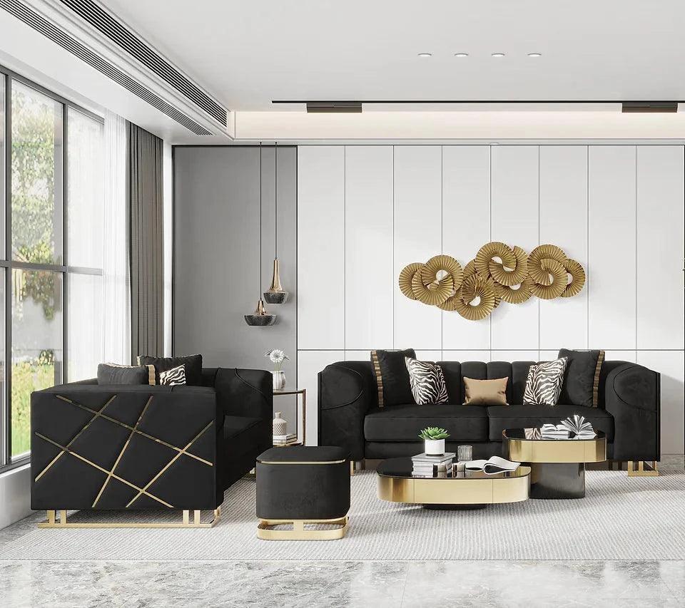 Designer Black Gold Velvet 2-Piece Living Room Set - Image 1