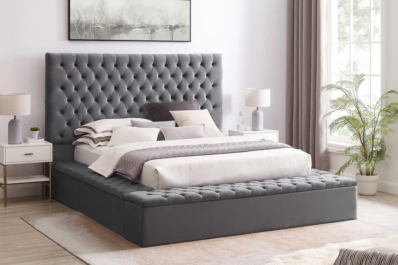 Cataline Gray Velvet Upholstered Tufted Storage Platform King Bed - Image 1