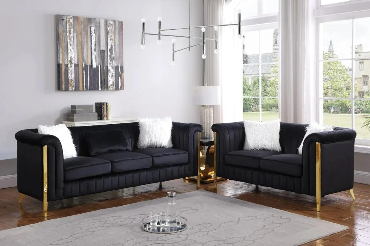 Fara Black Gold Velvet 2-Piece Living Room Set - Image 1