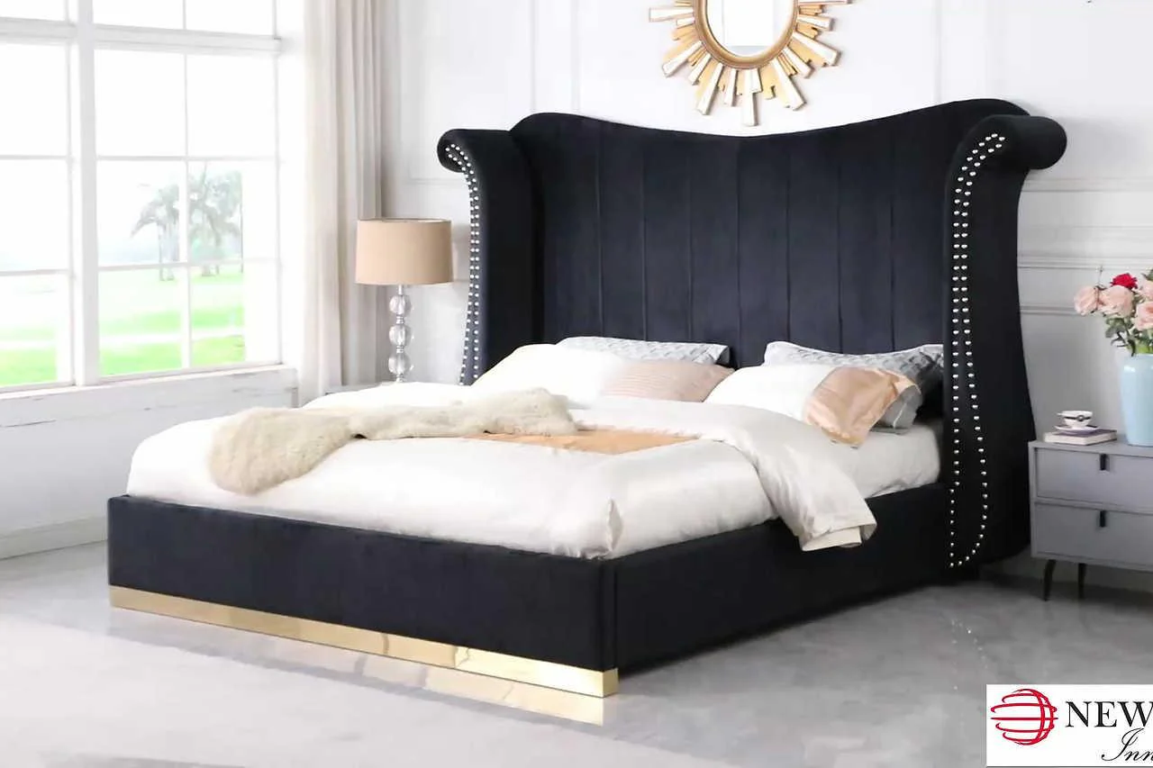 Luna Black Gold 66"H Velvet Upholstered Platform King Bed - Image 3