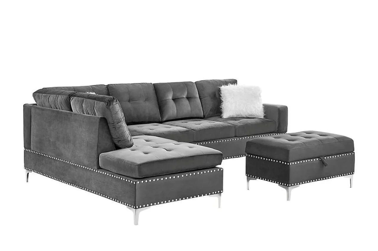 Joy Gray Velvet Upholstered Tufted Sectional - Image 3