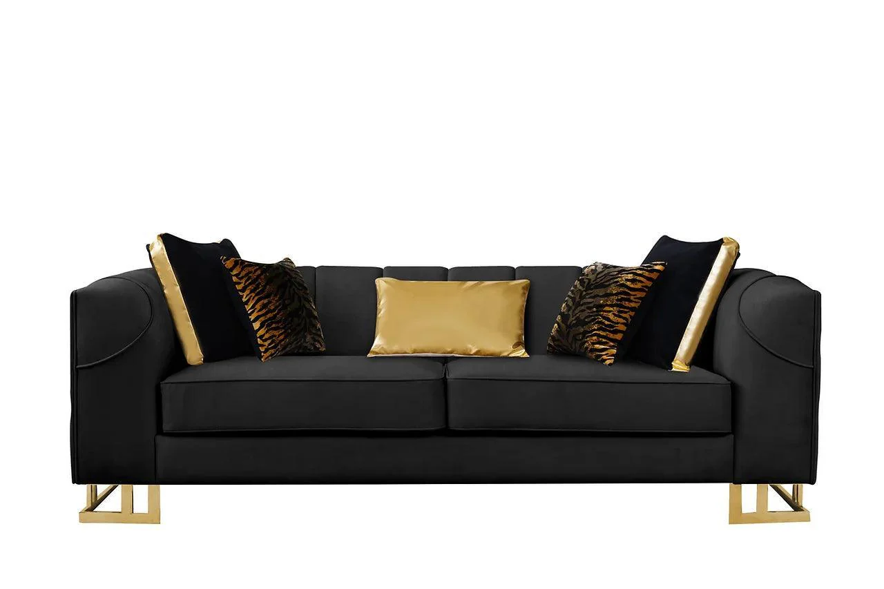 Designer Black Gold Velvet 2-Piece Living Room Set - Image 2