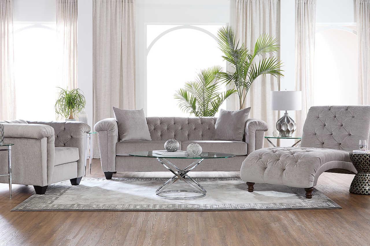 Lush Silver Velvet Fabric Upholstered Tufted Sofa - Image 2