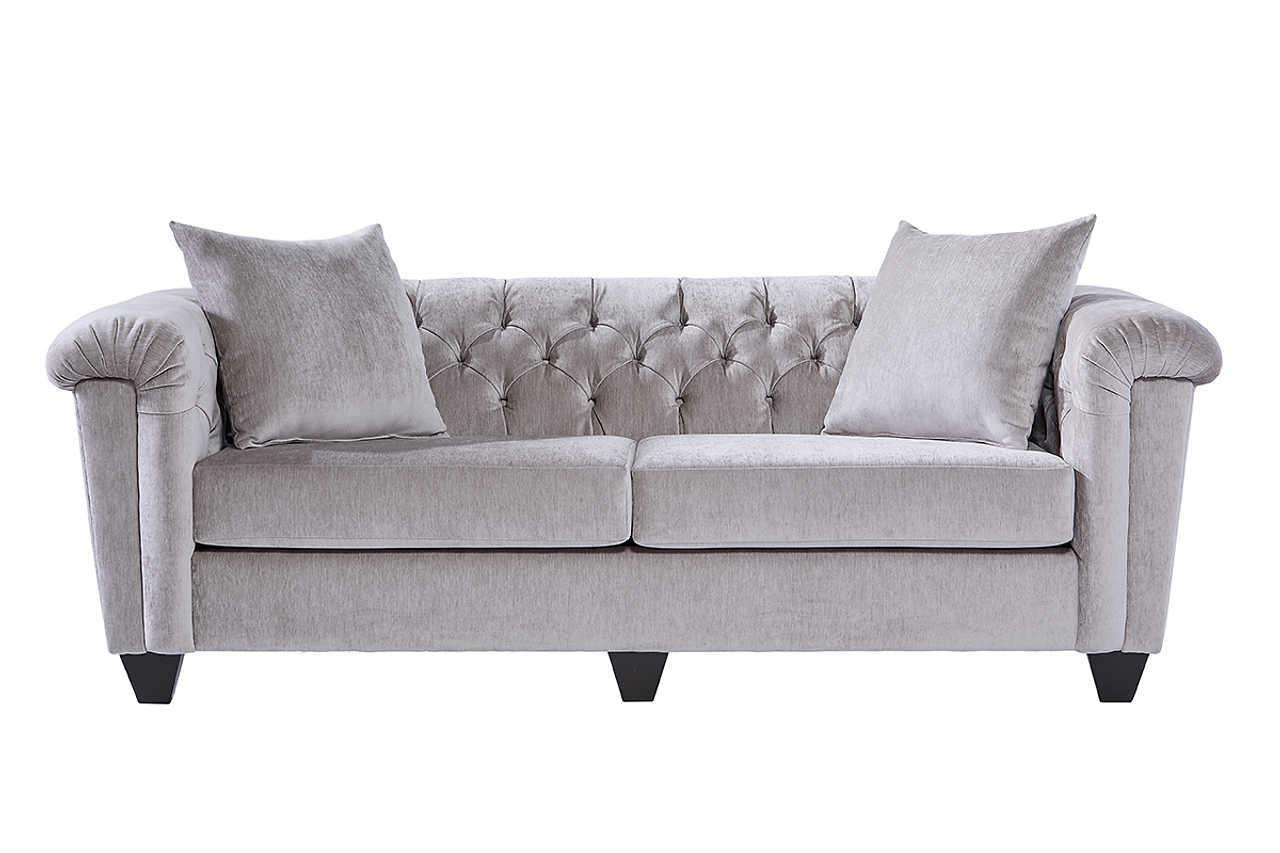 Lush Silver Velvet Fabric Upholstered Tufted Sofa - Image 1