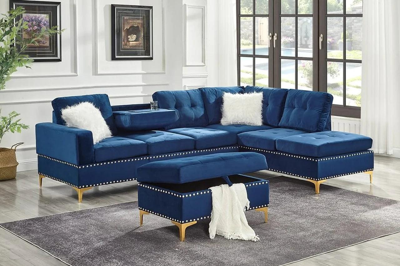 Joy Blue Velvet Upholstered Tufted Sectional - Image 1