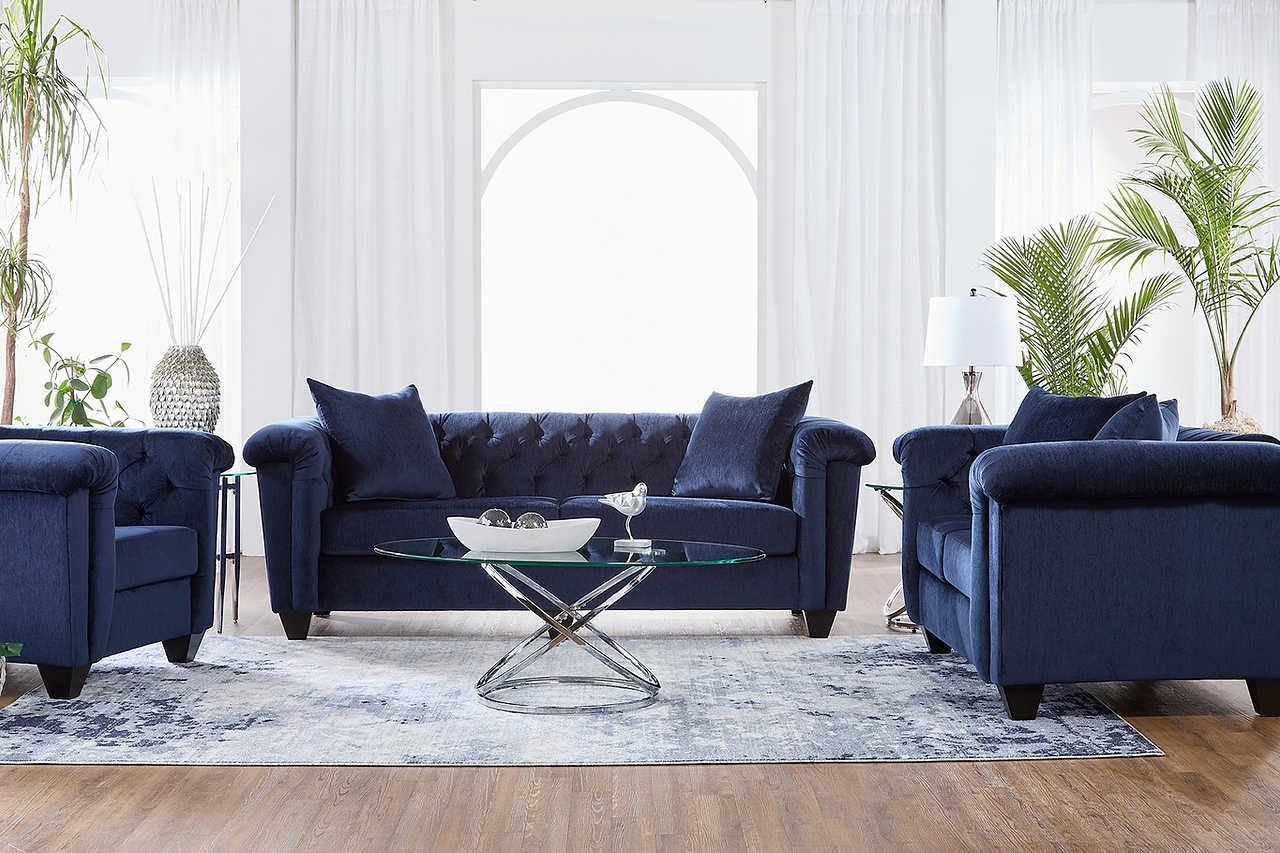 Lush Navy Velvet Fabric Upholstered Tufted Loveseat - Image 2