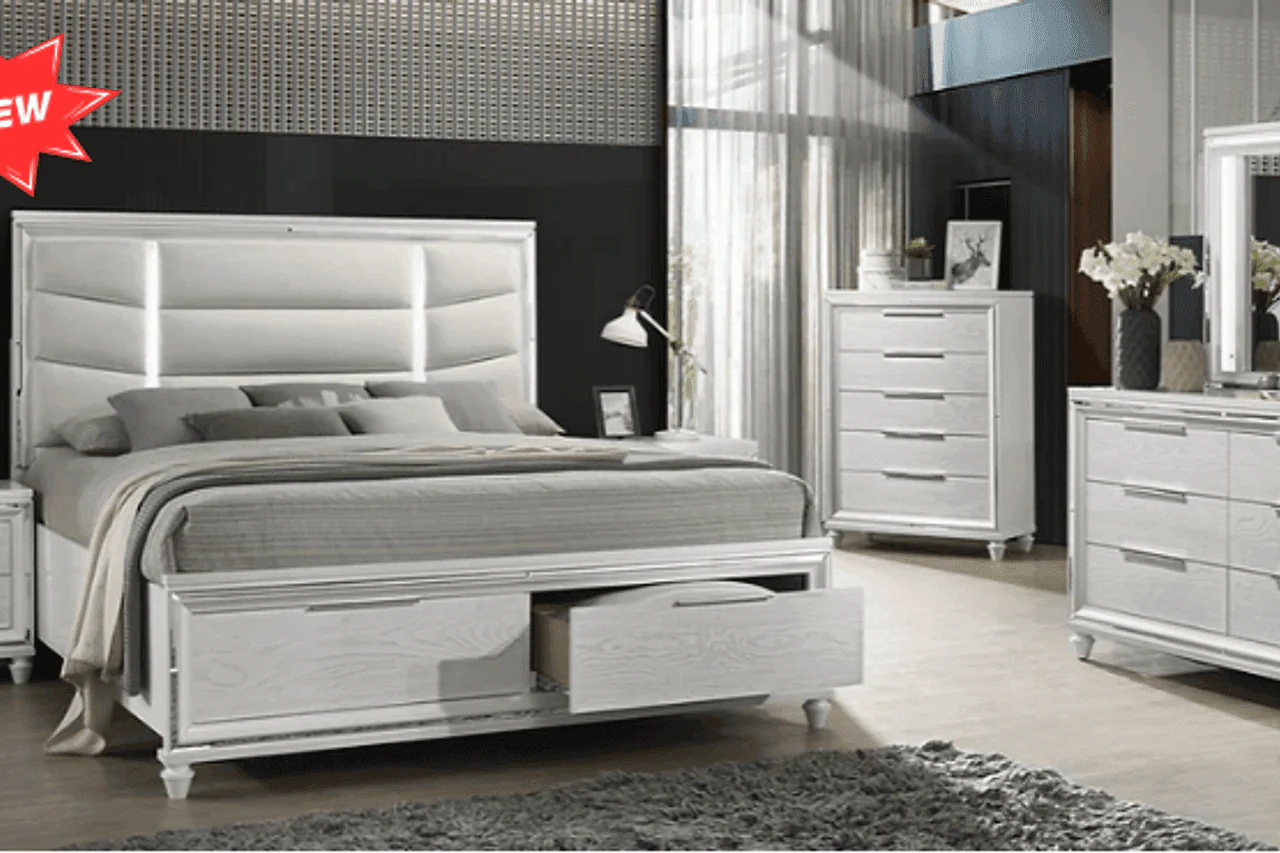 Paola White LED Upholstered Storage Platform Bedroom Set - Image 1