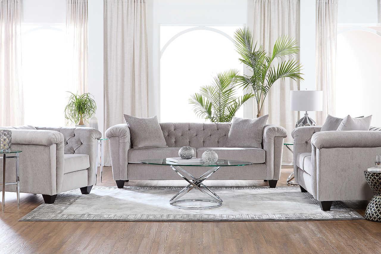 Lush Silver Velvet Fabric Upholstered Tufted Sofa - Image 3