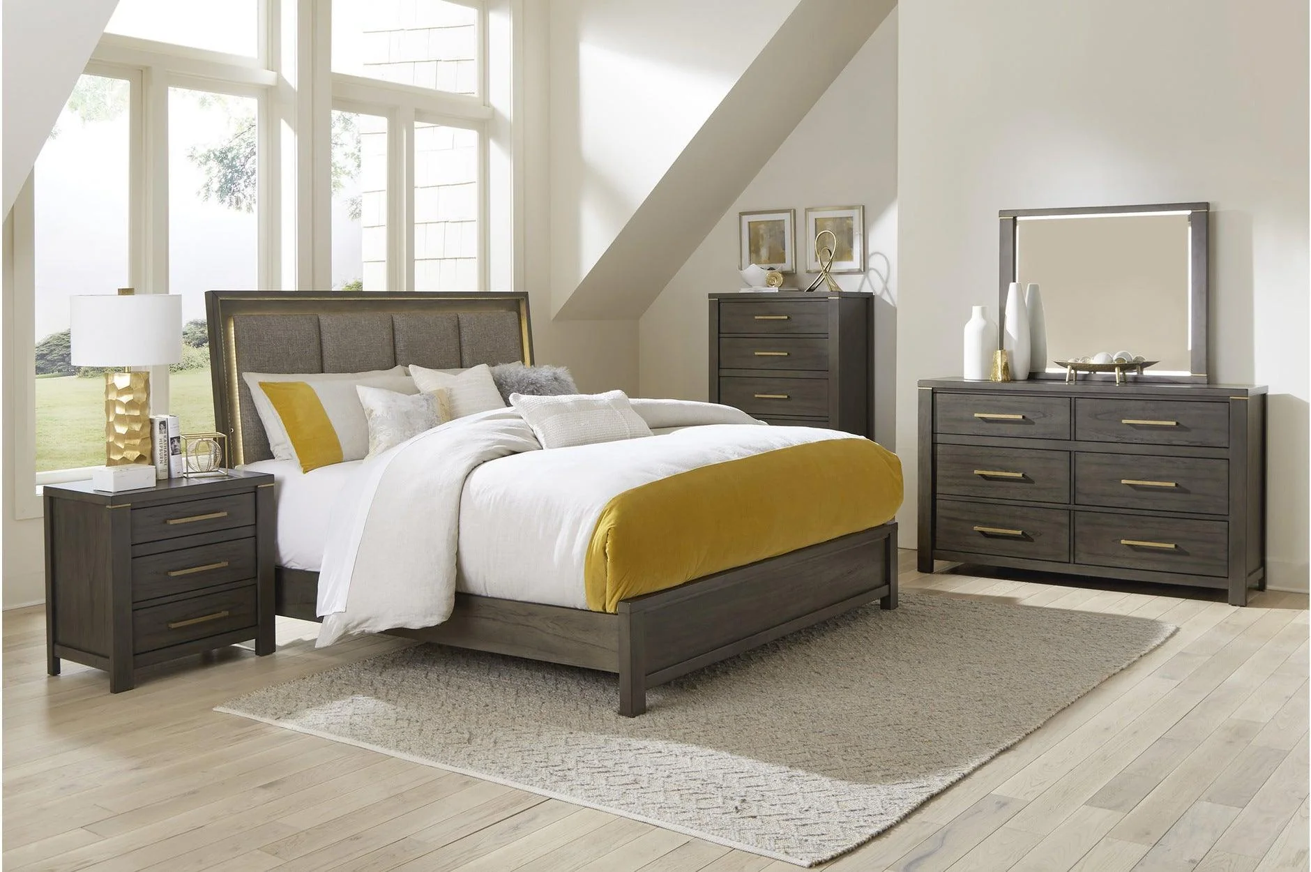 Scarlett Brown Gray Fabric LED Panel Bedroom Set - Image 1