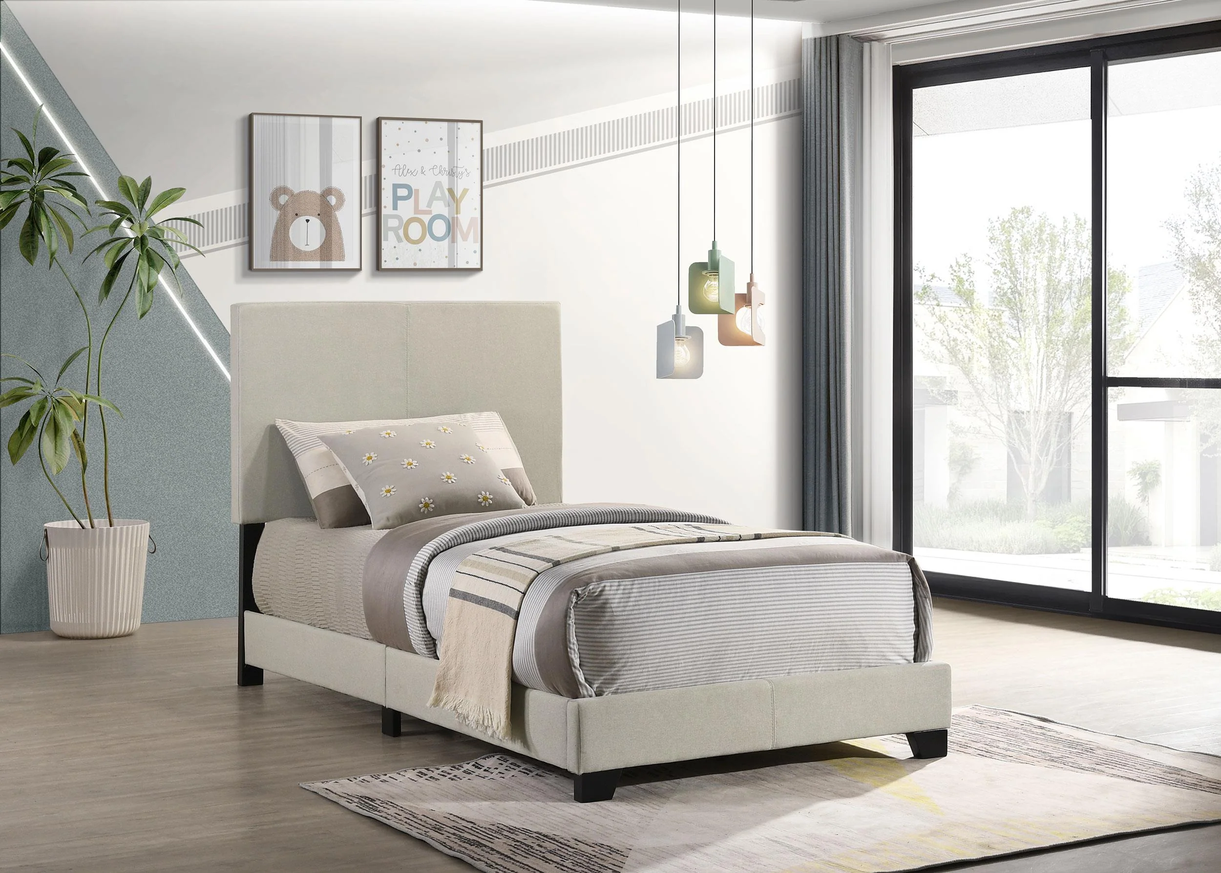 Dorian Fabric Upholstered Twin Panel Bed Cream - Image 2