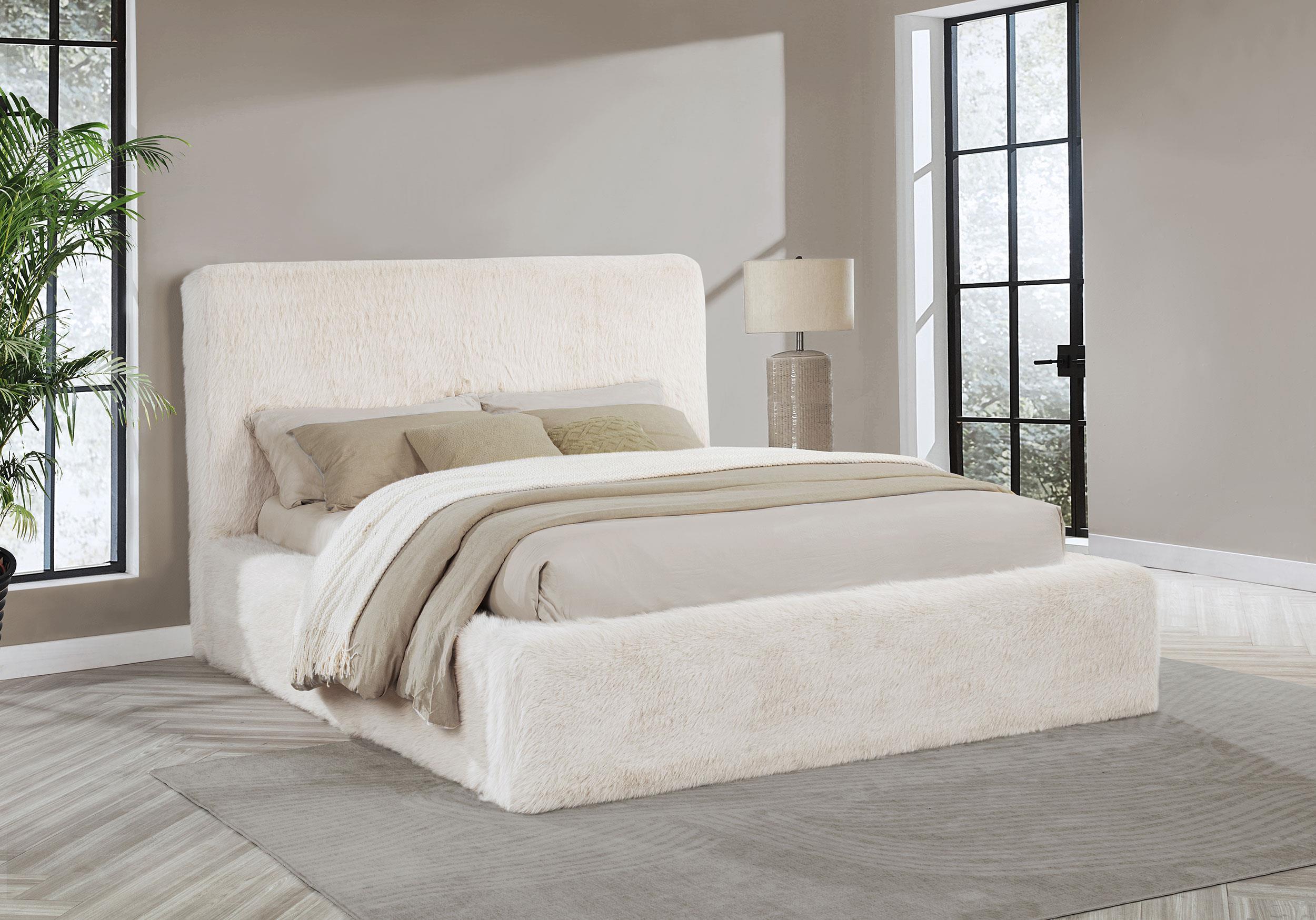 Rebecca Faux Fur Upholstered Eastern King Bed Cream - Image 2