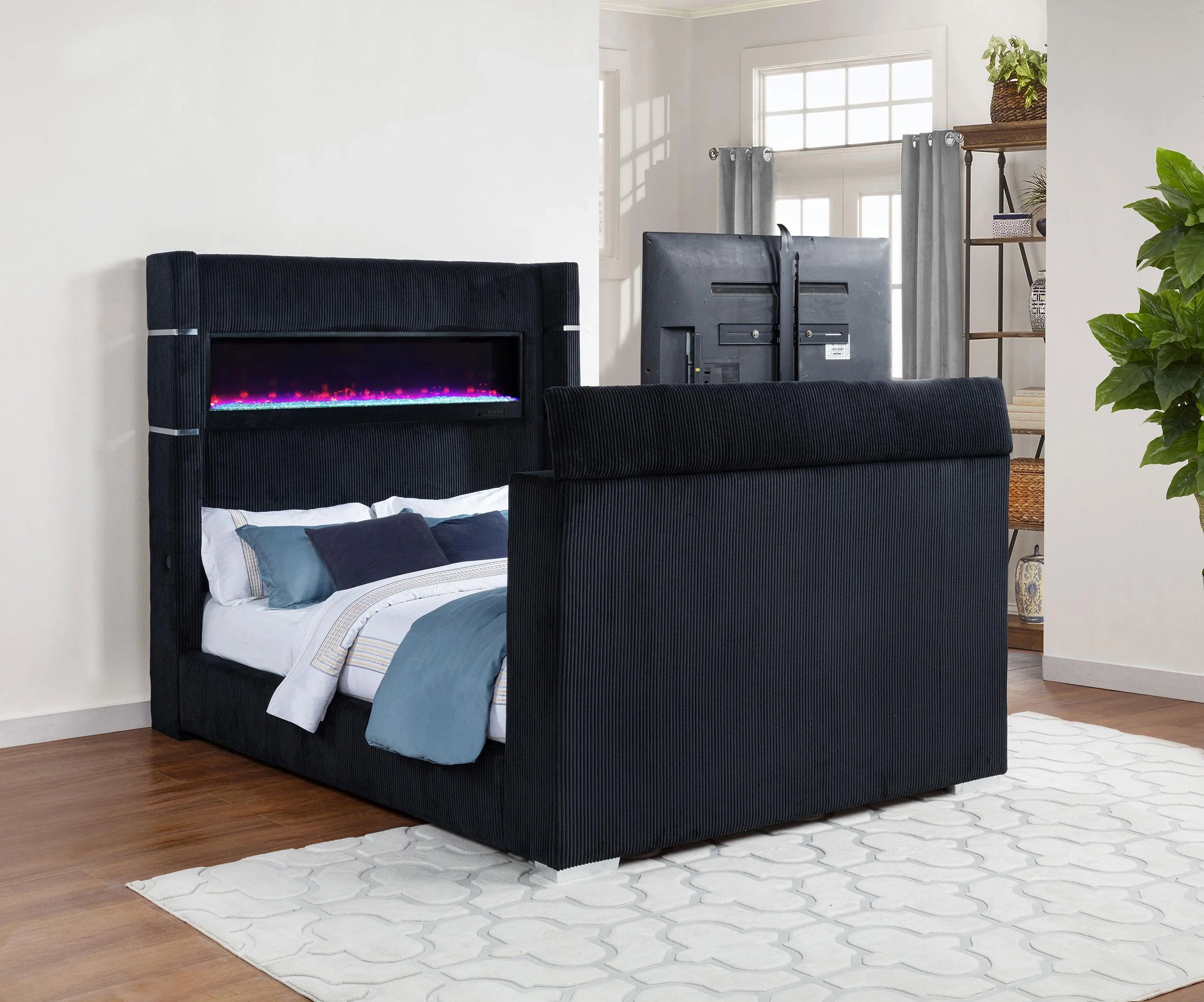 Tisdall Eastern King Flame Visualizer Wingback TV Bed Black - Image 3