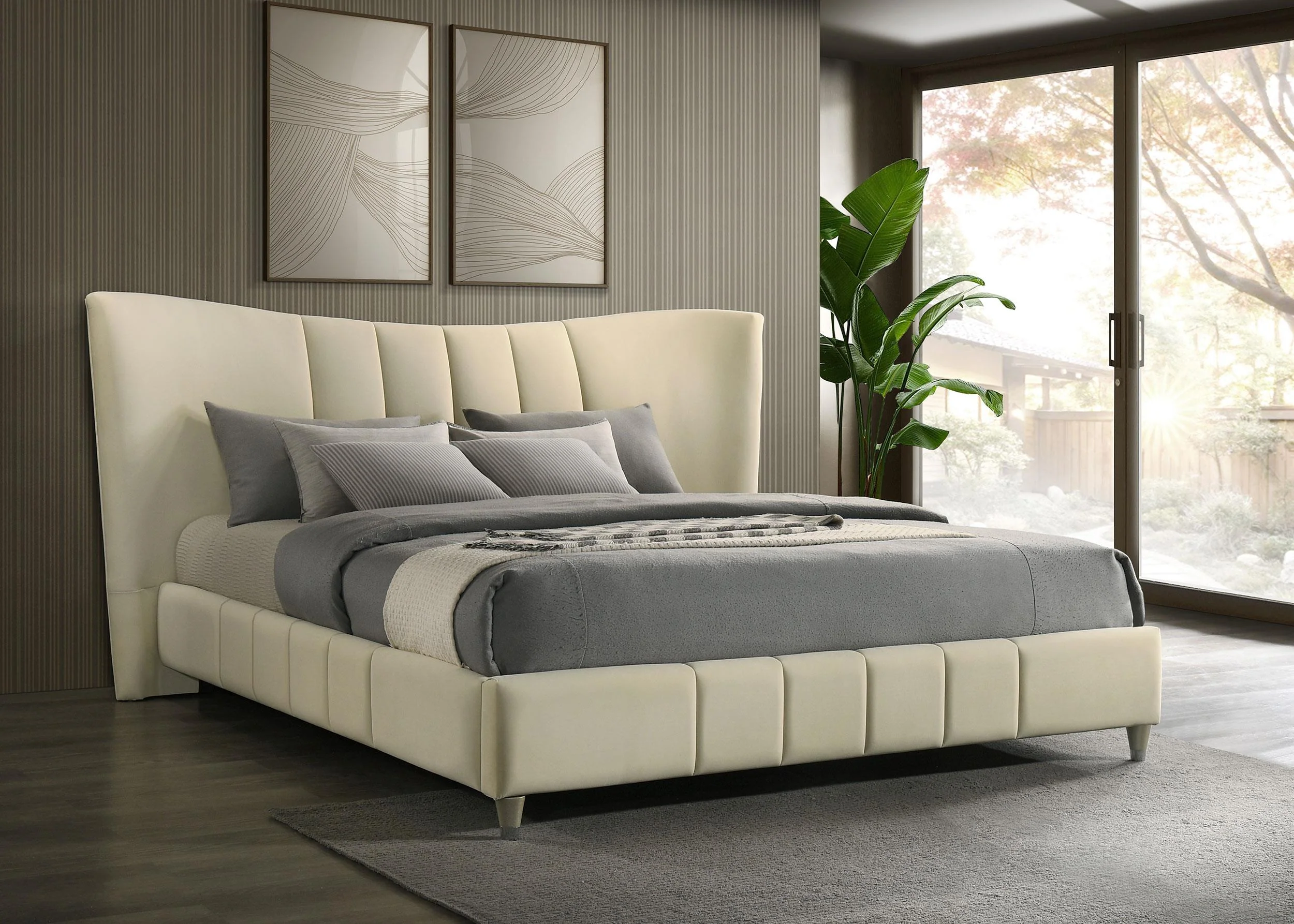Evelyn Upholstered Eastern King Panel Platform Bed Ivory - Image 2