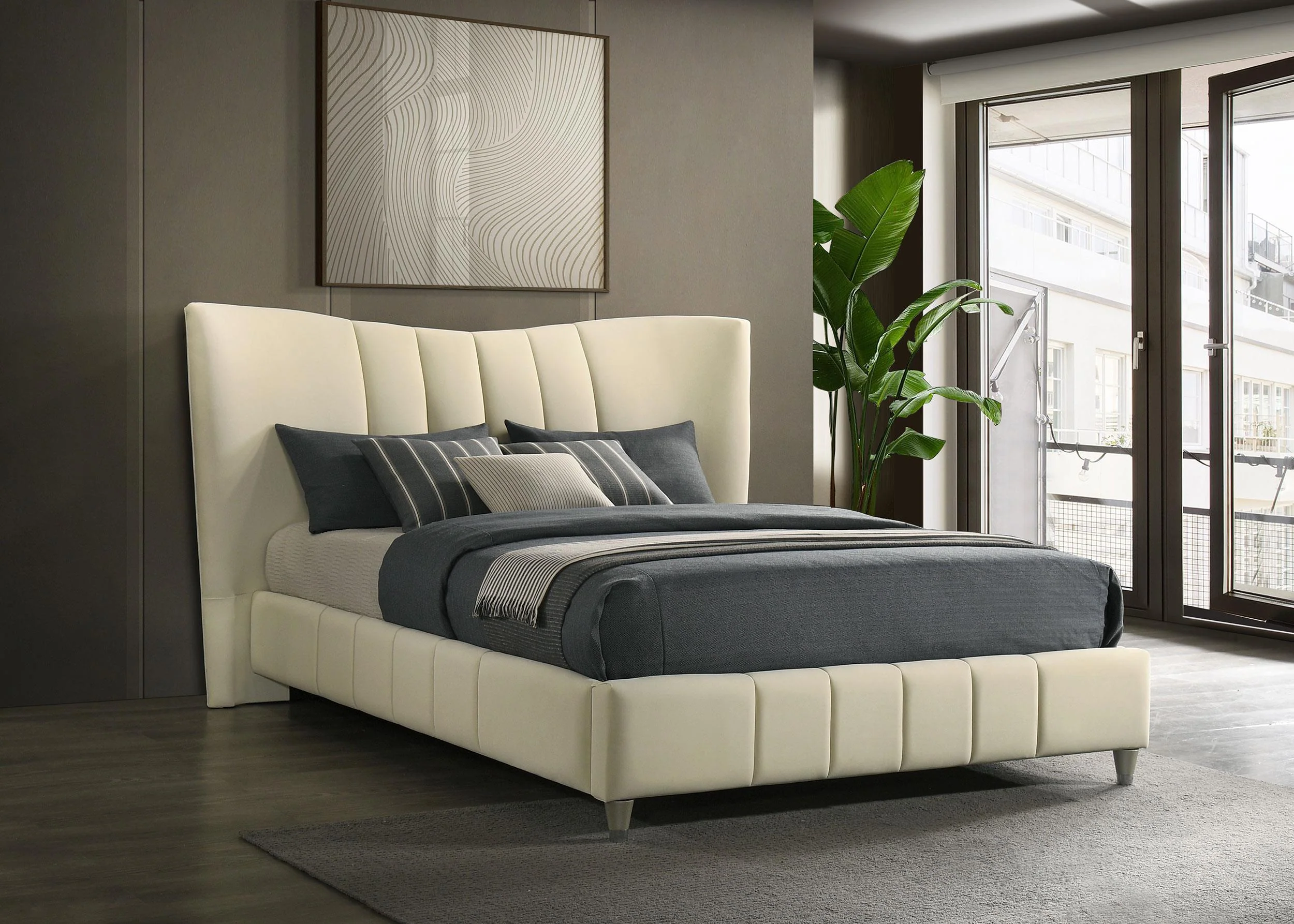 Evelyn Upholstered Queen Panel Platform Bed Ivory - Image 2