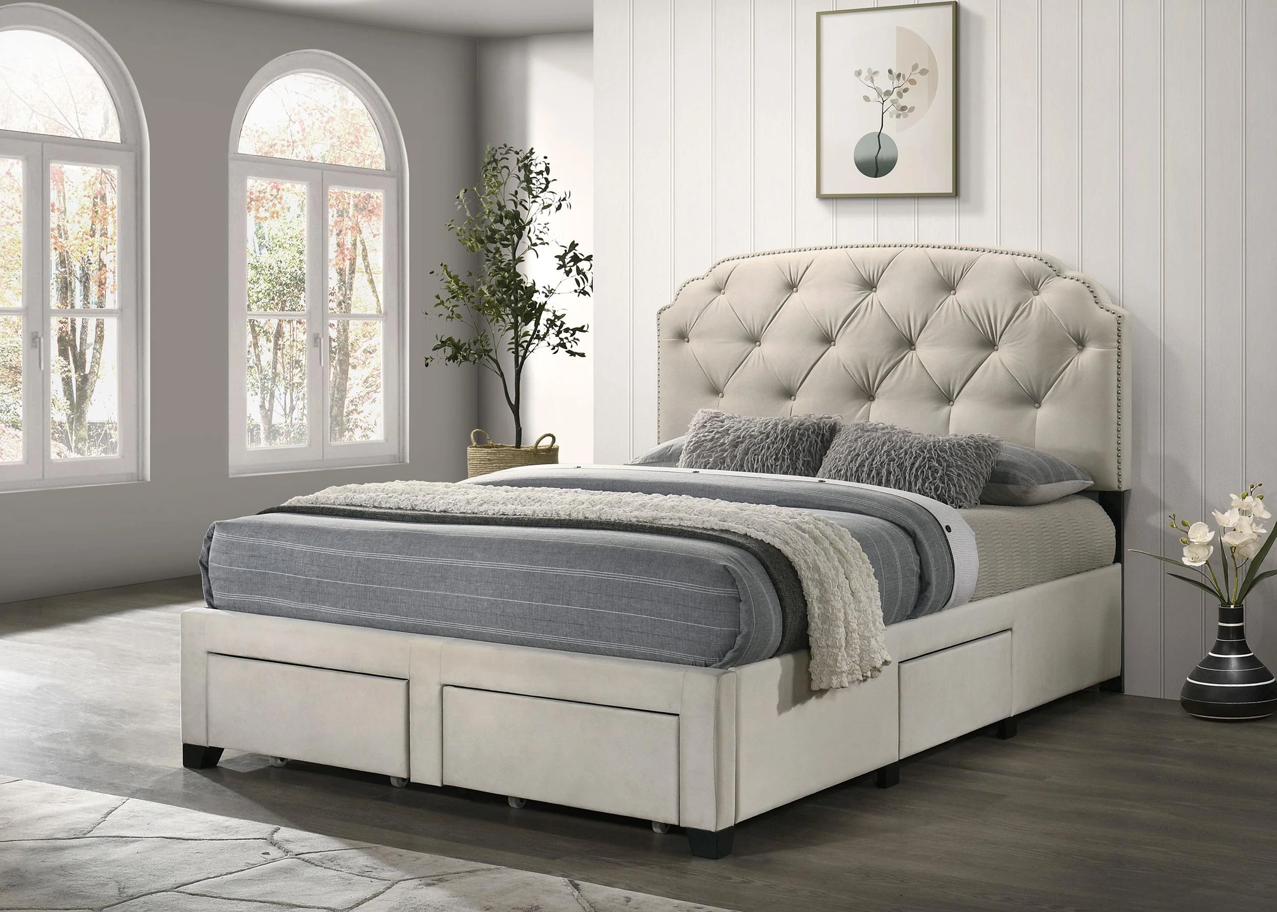 Marianna 4-drawer Upholstered Eastern King Storage Bed Cream - Image 2