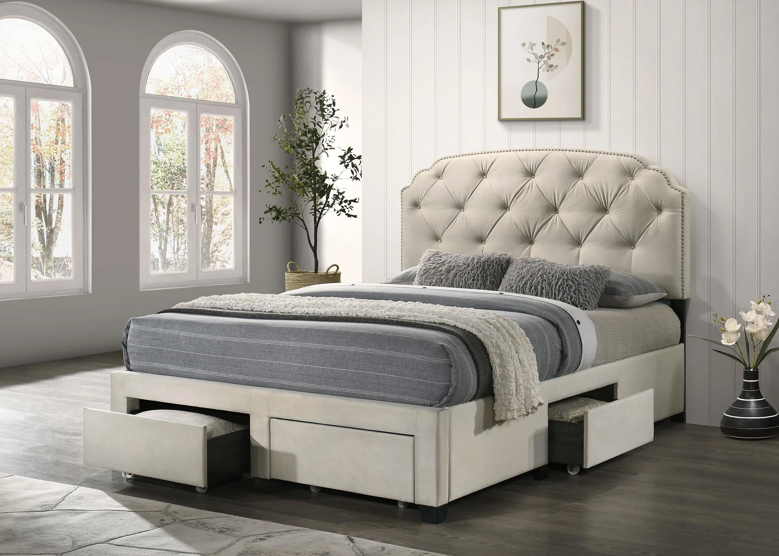 Marianna 4-drawer Upholstered Eastern King Storage Bed Cream - Image 3