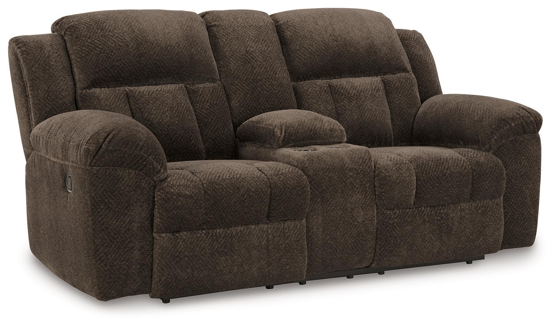 Frohn Chocolate Chenille Reclining Loveseat with Console - Image 2