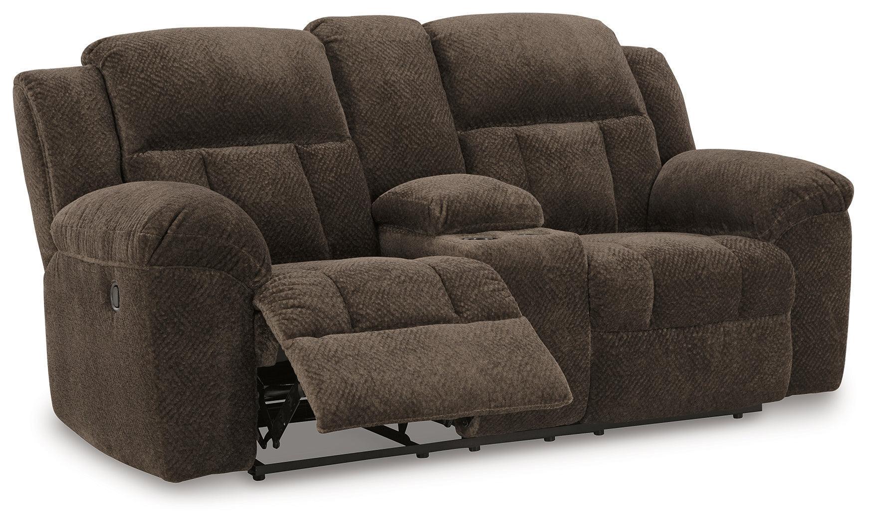 Frohn Chocolate Chenille Reclining Loveseat with Console - Image 3