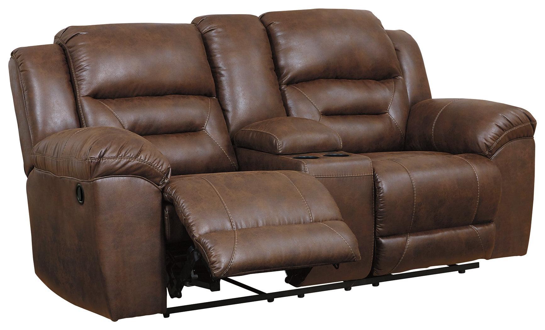 Stoneland Chocolate Faux Leather Reclining Loveseat With Console - Image 3