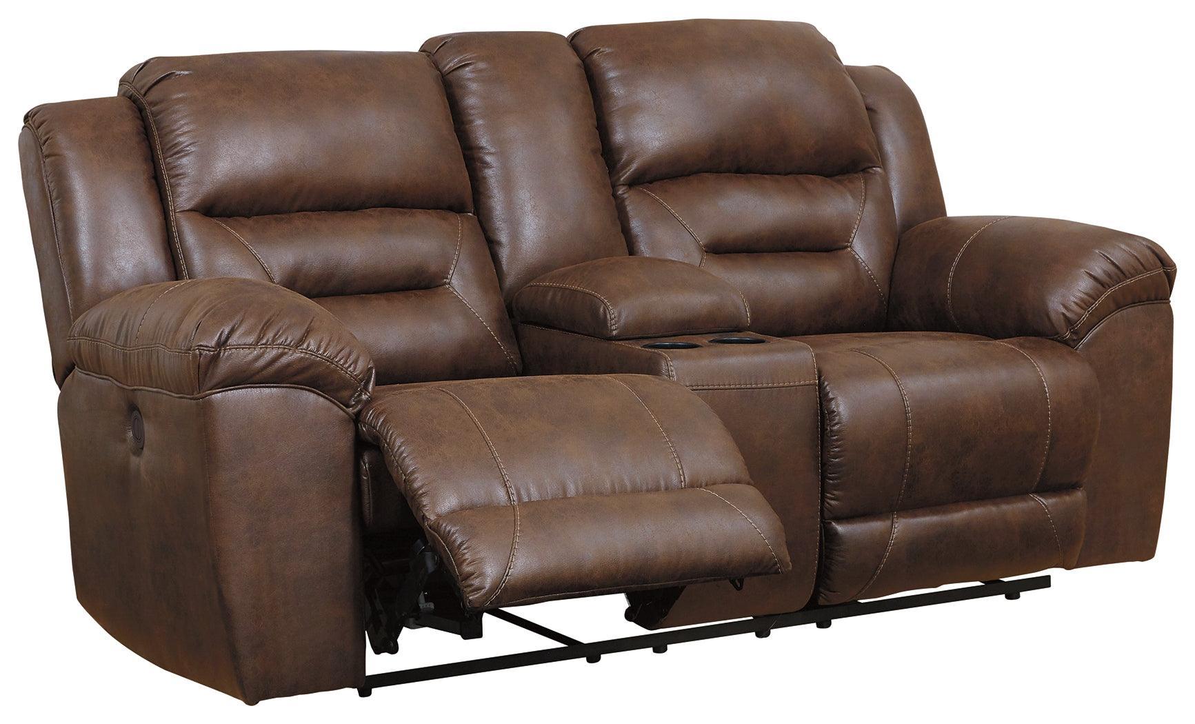 Stoneland Chocolate Faux Leather Power Reclining Loveseat With Console - Image 2