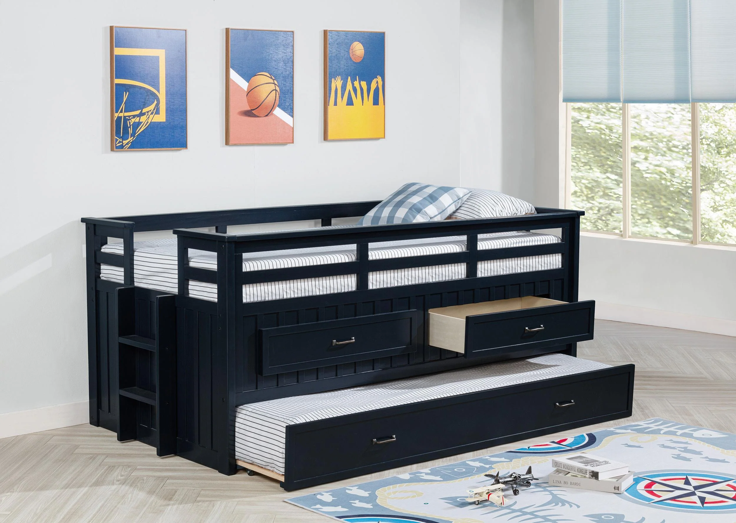 Carlsbad Wood Twin Captains Bed With Trundle Navy Blue - Image 3