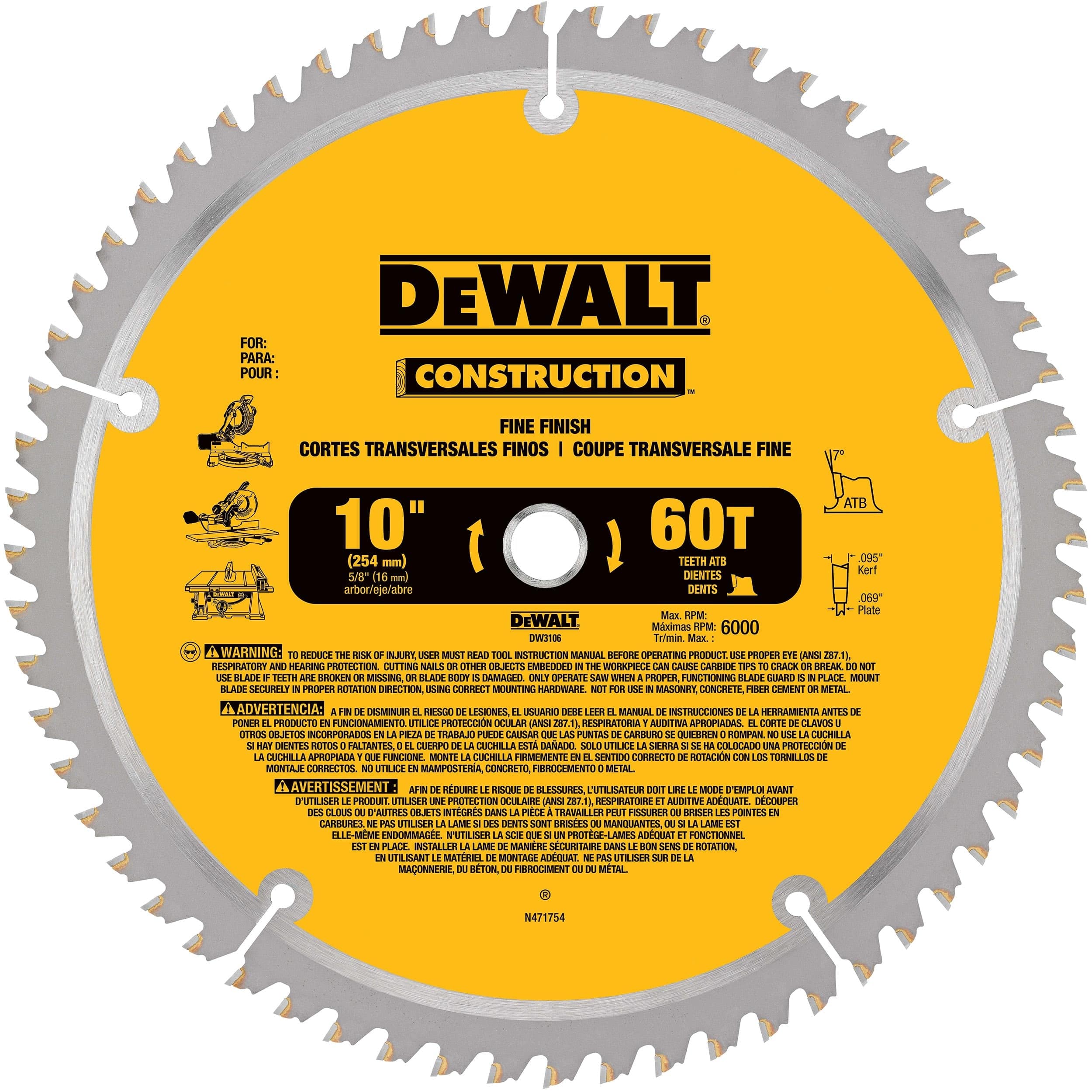 Circular Saw Blade – Construction – Fine Finish – 10″ x 60 Tooth