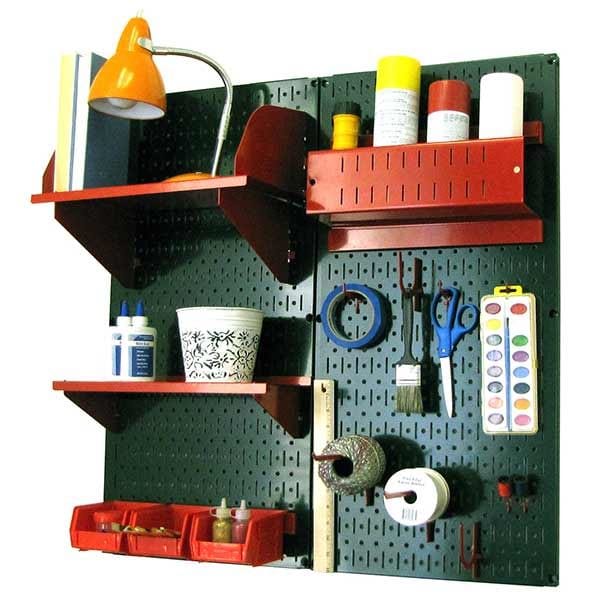 Pegboard Hobby Craft Pegboard Organizer Storage Kit with Green Pegboard and Red Accessories - Image 2