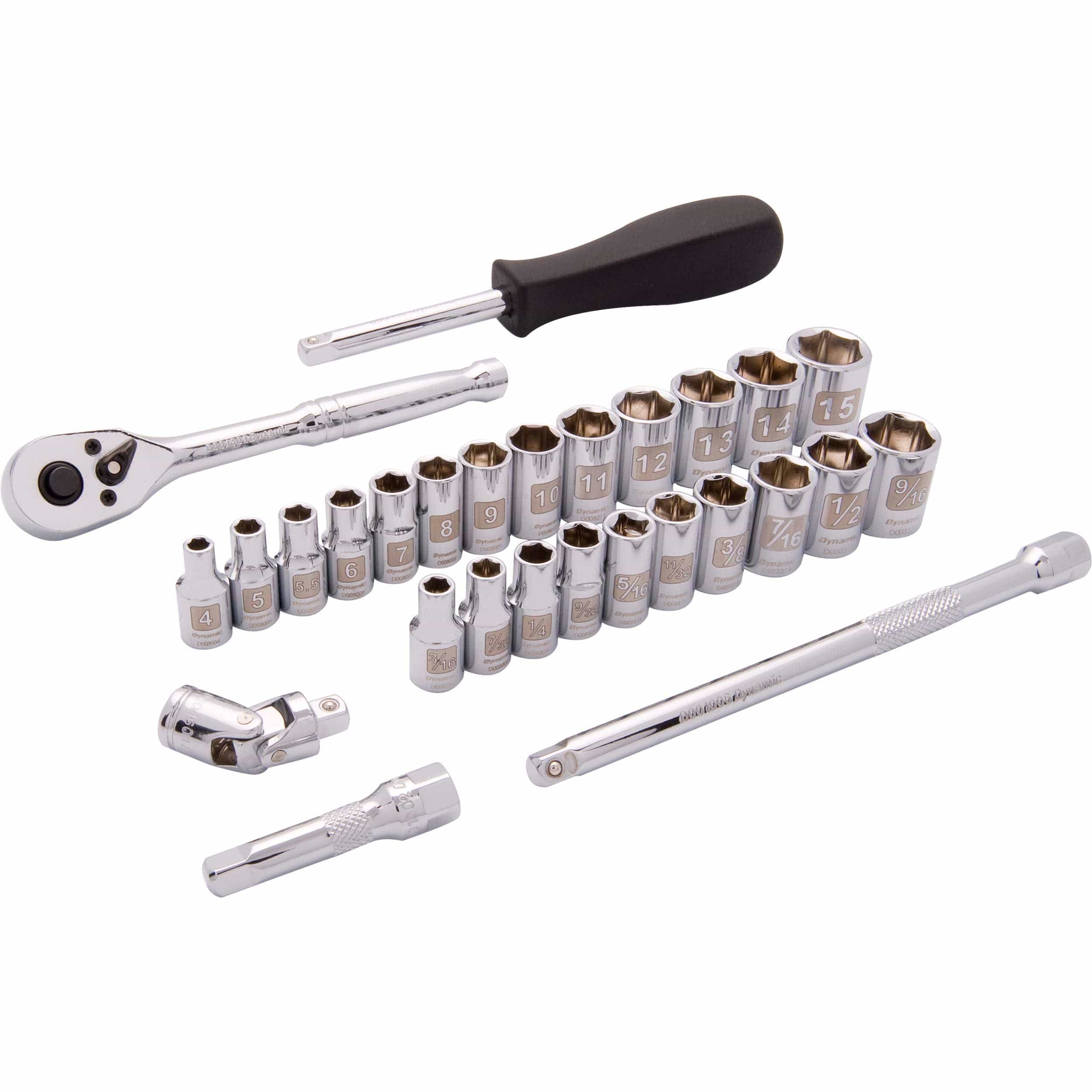 1/4" Drive 28pc 6-Point SAE/Metric Standard Socket Set, 3/16" - 9/16", 4mm - 15mm - Image 1