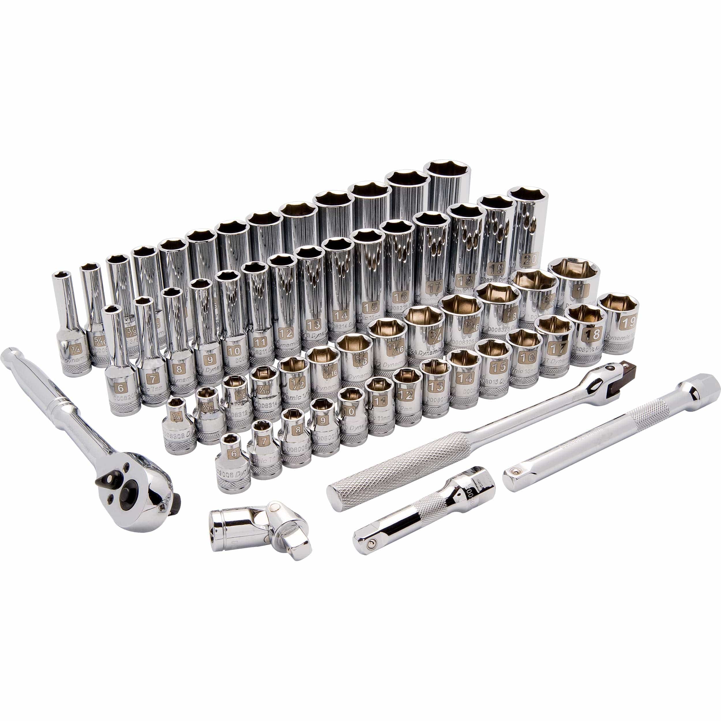 3/8" Drive 60pc 6-Point Standard/Deep SAE/Metric Socket Set, 1/4" - 1", 6mm - 20mm - Image 1