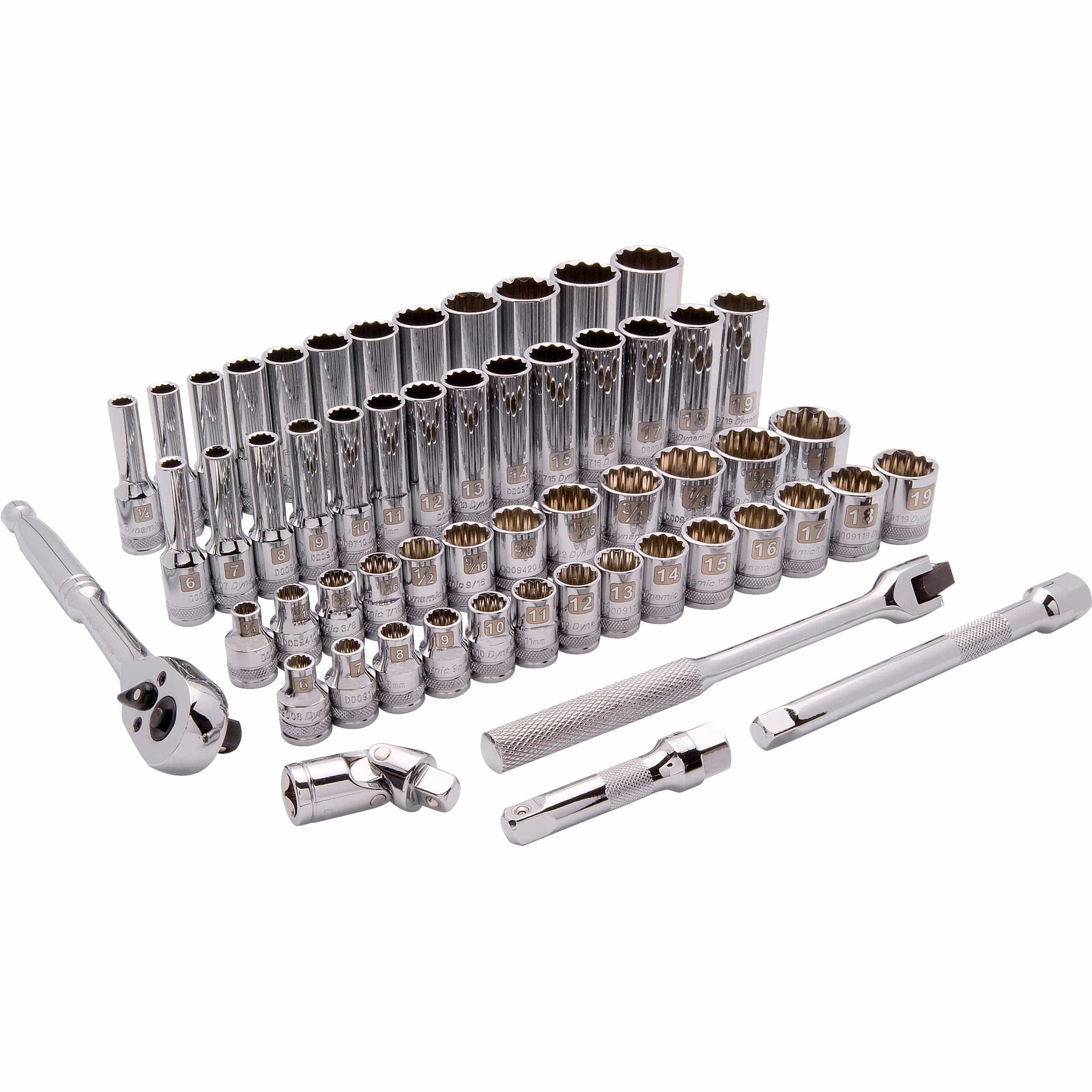 3/8" Drive 57pc 12-Point Standard/Deep SAE/Metric Socket Set, 1/4" - 1", 6mm - 19mm - Image 1