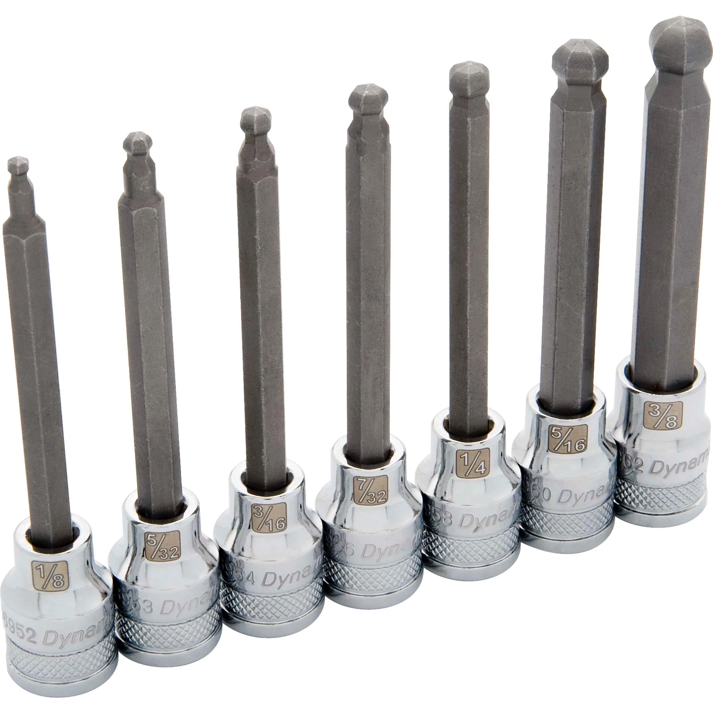 3/8" Drive 7pc SAE Long Ball Nose Hex Socket Set, 1/8" - 3/8" - Image 1