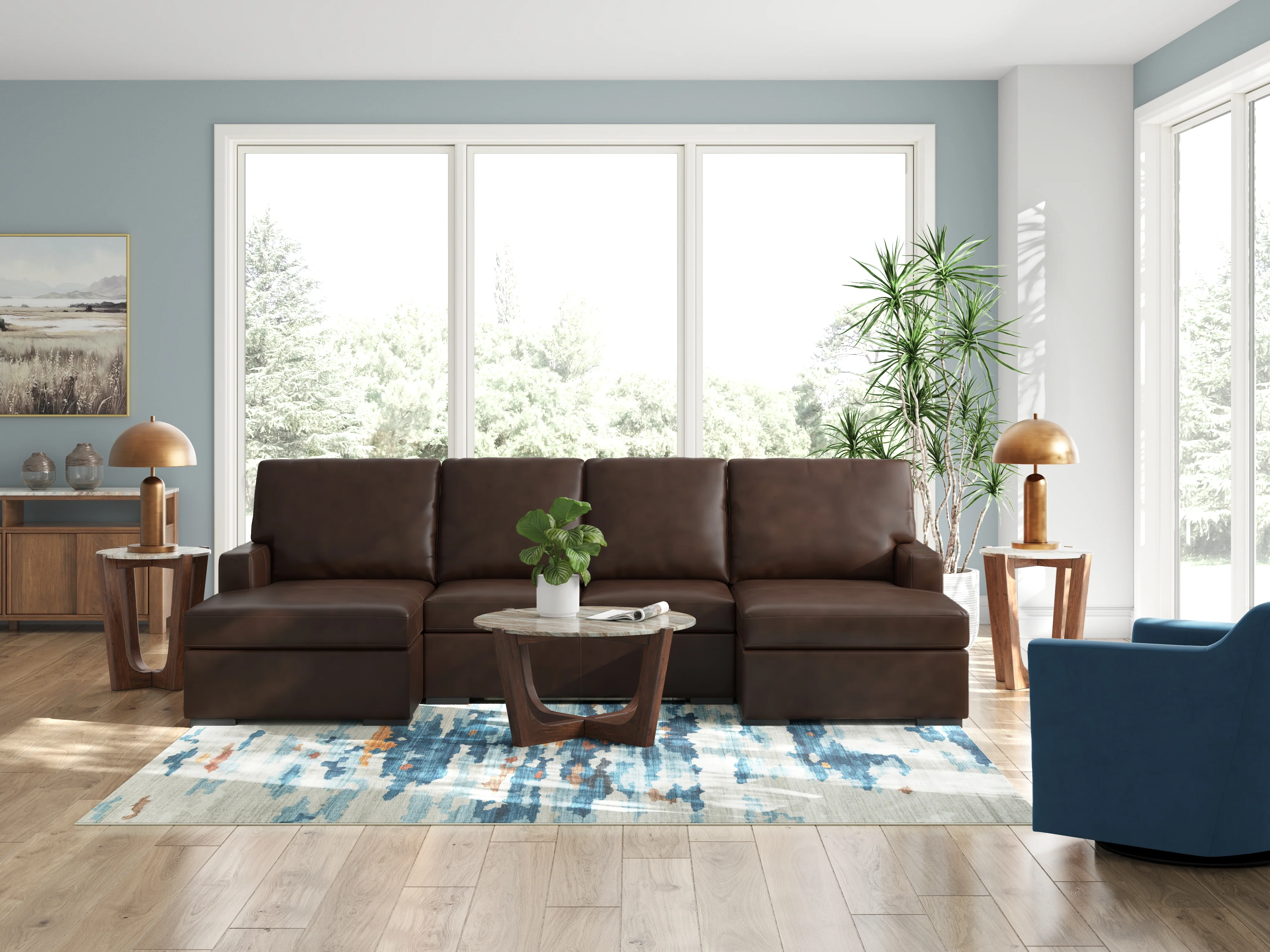 McDowlan Coffee Leather 3-Piece Sectional with Double Chaise - Image 3